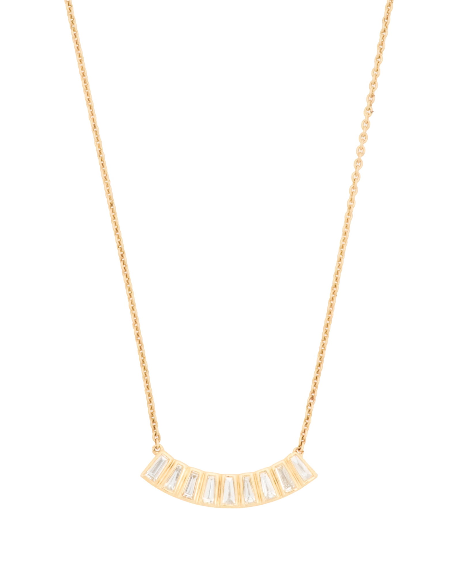 Diamond Bar Necklace: Diamond Bar Necklace 14k yellow gold, the necklace with a fixed bar pendant mounted with baguette-cut diamonds weighing approximately 0.54 carats in total. l. 17", total weight 4.8 grams