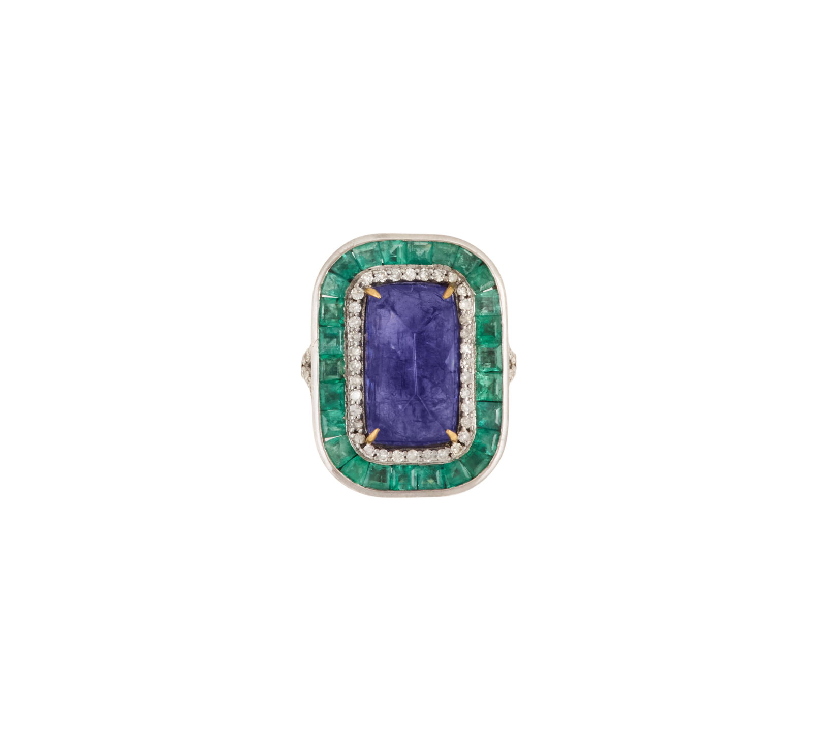 Tanzanite, Emerald and Diamond Ring: Tanzanite, Emerald and Diamond Ring 14k yellow gold/sterling silver, the ring mounted with a sugarloaf-cut tanzanite weighing approximately 9.08 carats, surrounded by a border of round-cut diamonds we