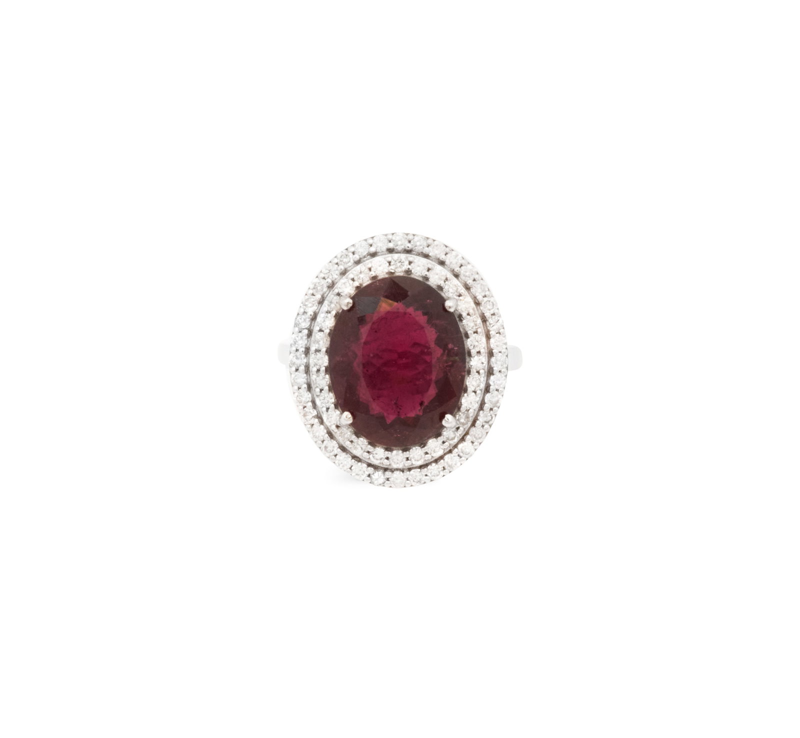 Tourmaline and Diamond Ring: Tourmaline and Diamond Ring 14k white gold, the ring mounted with an oval-cut tourmaline weighing approximately 5.60 carats, accented by round brilliant-cut diamonds weighing approximately 0.90