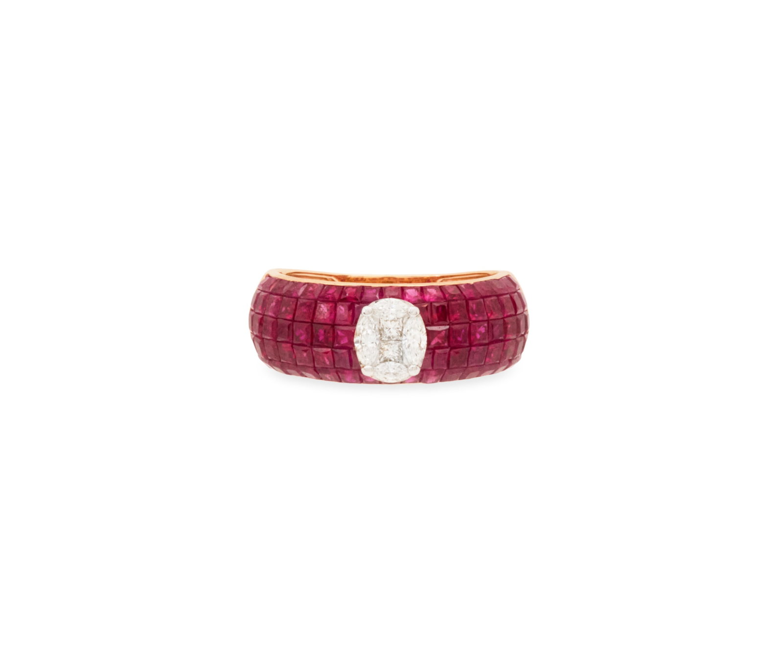 Ruby and Diamond Ring: Ruby and Diamond Ring 18k yellow gold, the ring invisible-set with square-cut rubies weighing approximately 4.45 carats in total, and princess- and marquise-cut diamonds weighing approximately 0.30 ca