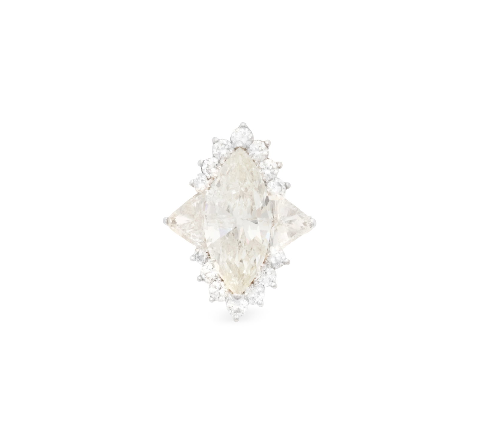 Stunning Diamond Ring: Stunning Diamond Ring platinum, the ring mounted with a central marquise-cut diamond weighing 7.05 carats, color M and clarity I2, GIA report number 6183078002, flanked on either side by a trilliant-c