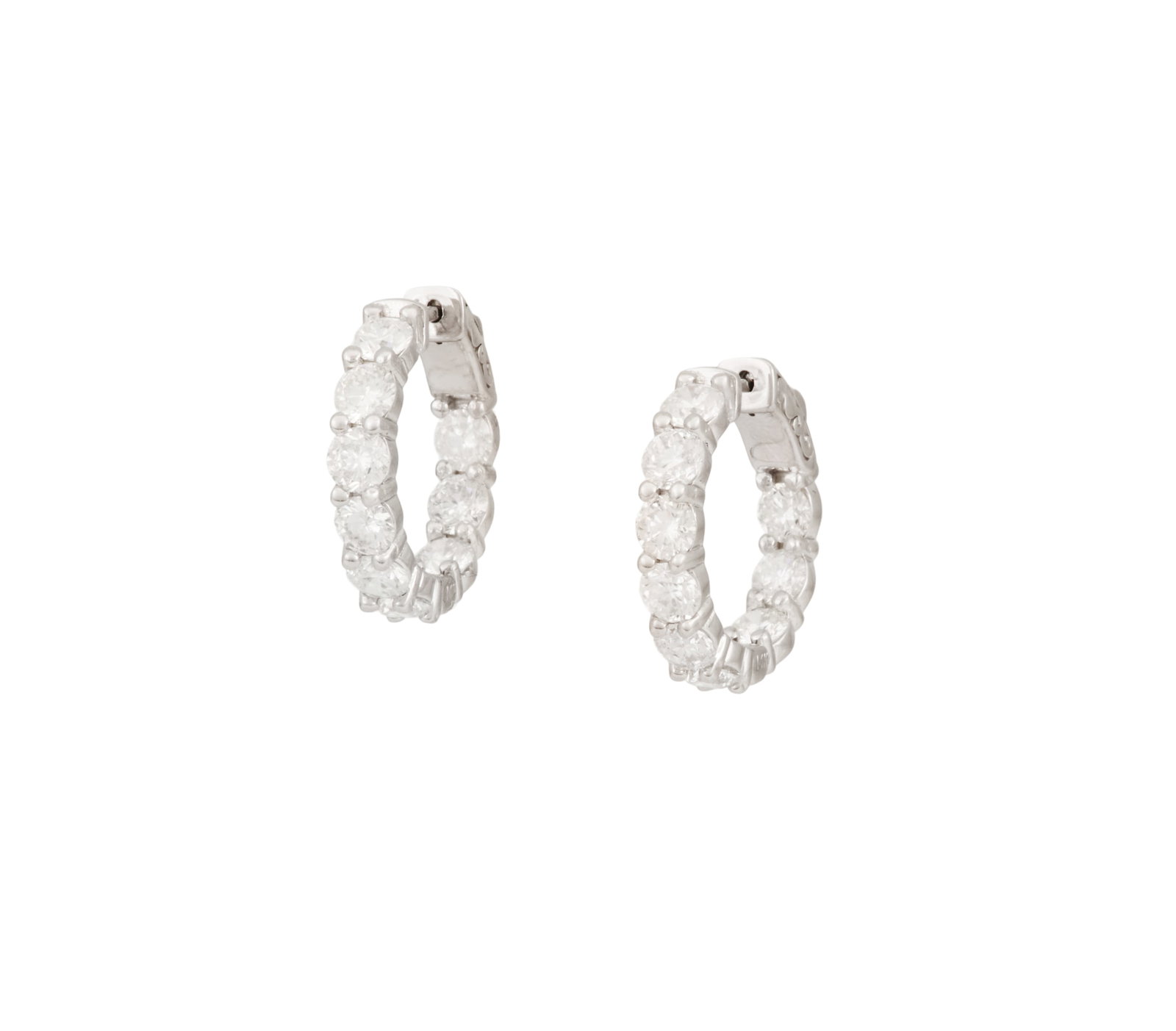 Pair of Diamond Huggies: Pair of Diamond Huggies 14k white gold, the inside/outside huggies mounted with round brilliant-cut diamonds weighing approximately 5.00 carats in total. l. 3/4", total weight 8.2 grams
