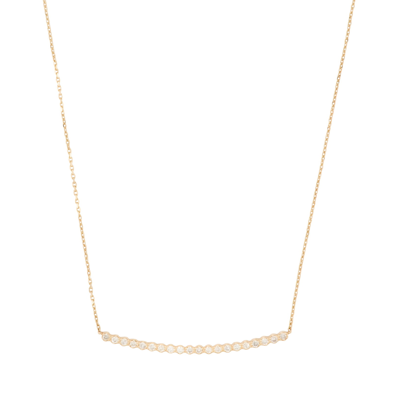 Diamond Bar Necklace: Diamond Bar Necklace 14k yellow gold, the necklace mounted with round brilliant-cut diamonds weighing approximately 1.00 carat in total. l. 17", total weight 3.8 grams