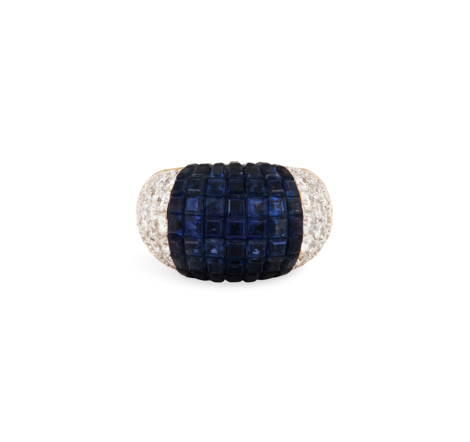 Sapphire and Diamond Ring: Sapphire and Diamond Ring 18k yellow gold, the center of the ring invisible-set with square-cut sapphires weighing approximately 2.19 carats in total, flanked on either side by a section of round bril