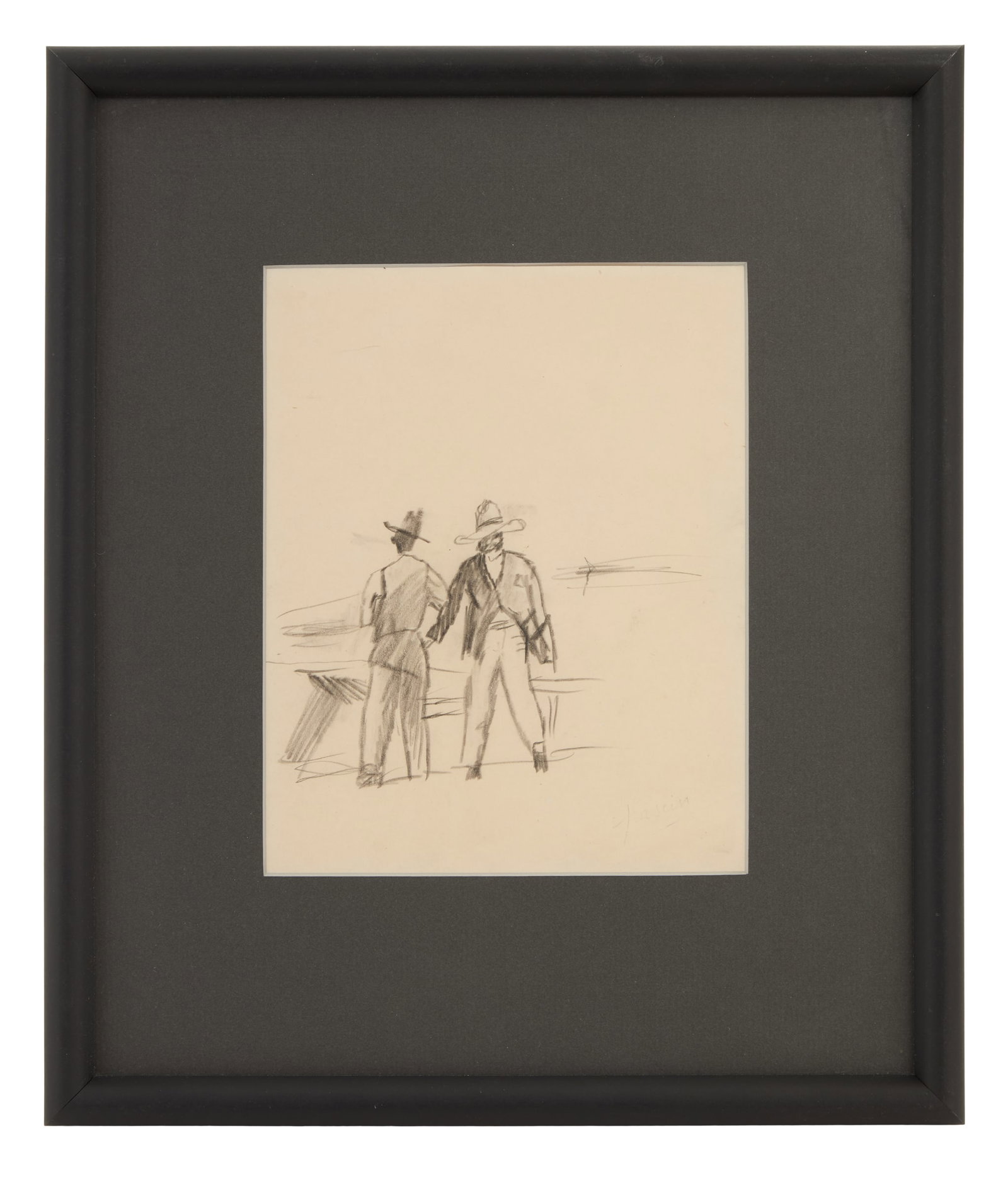 Jules Pascin (Bulgarian/USA, 1885-1930): Jules Pascin (Bulgarian/American, 1885-1930) "Le Deux Cowboys", ca. 1916 pencil on paper signed lower right. Matted, glazed and framed. sight 8-1/2" x 6-1/2", framed 14-1/2" x 12-1/2"