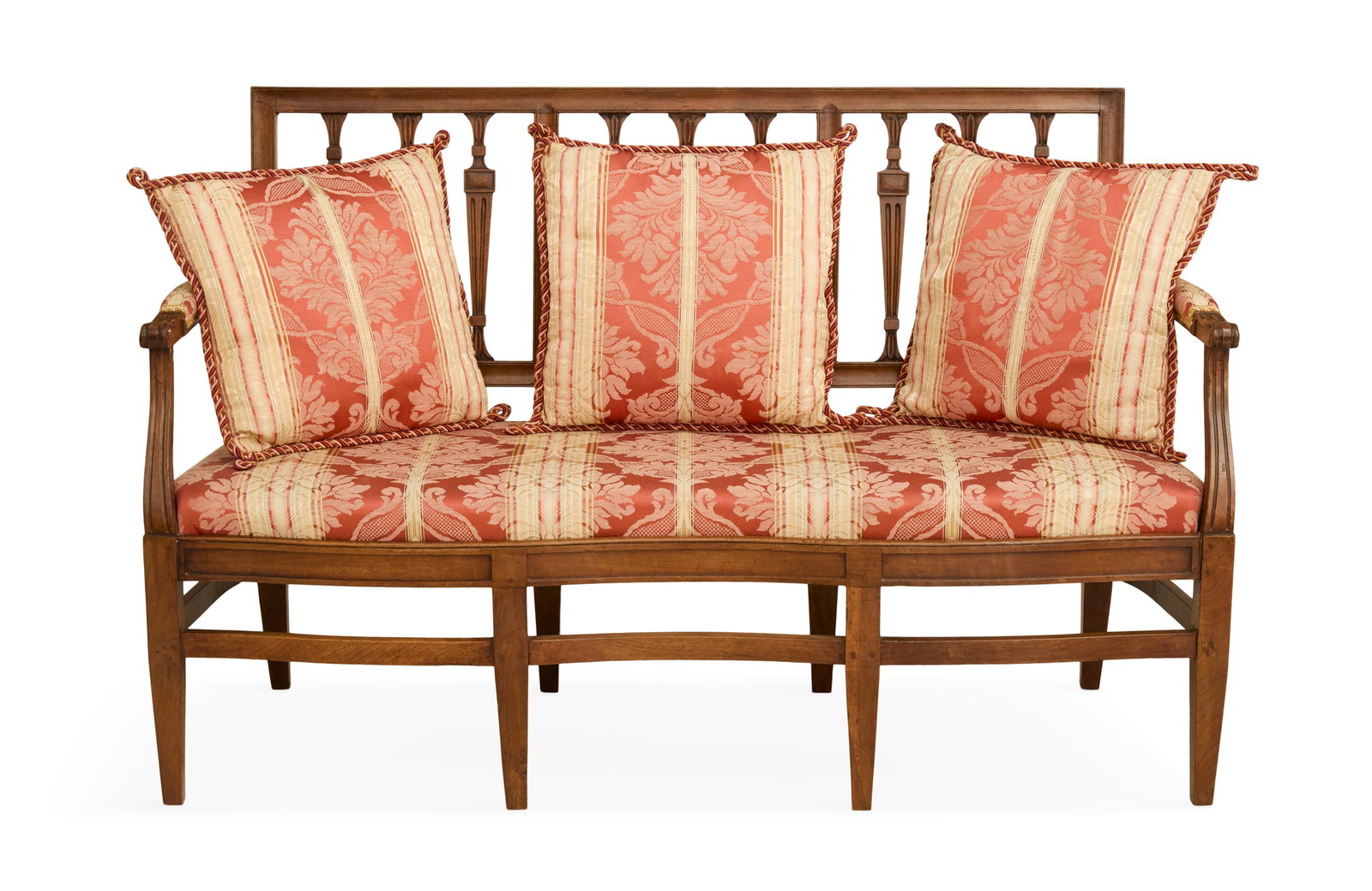 Directoire Walnut Settee: Directoire Walnut Settee ca. 1800, the framed back with arrow-form splats, the open arms with scrolled handgrips, fitted with a slip seat and raised on tapered square legs. h. 35-1/2", seat h. 18", w.
