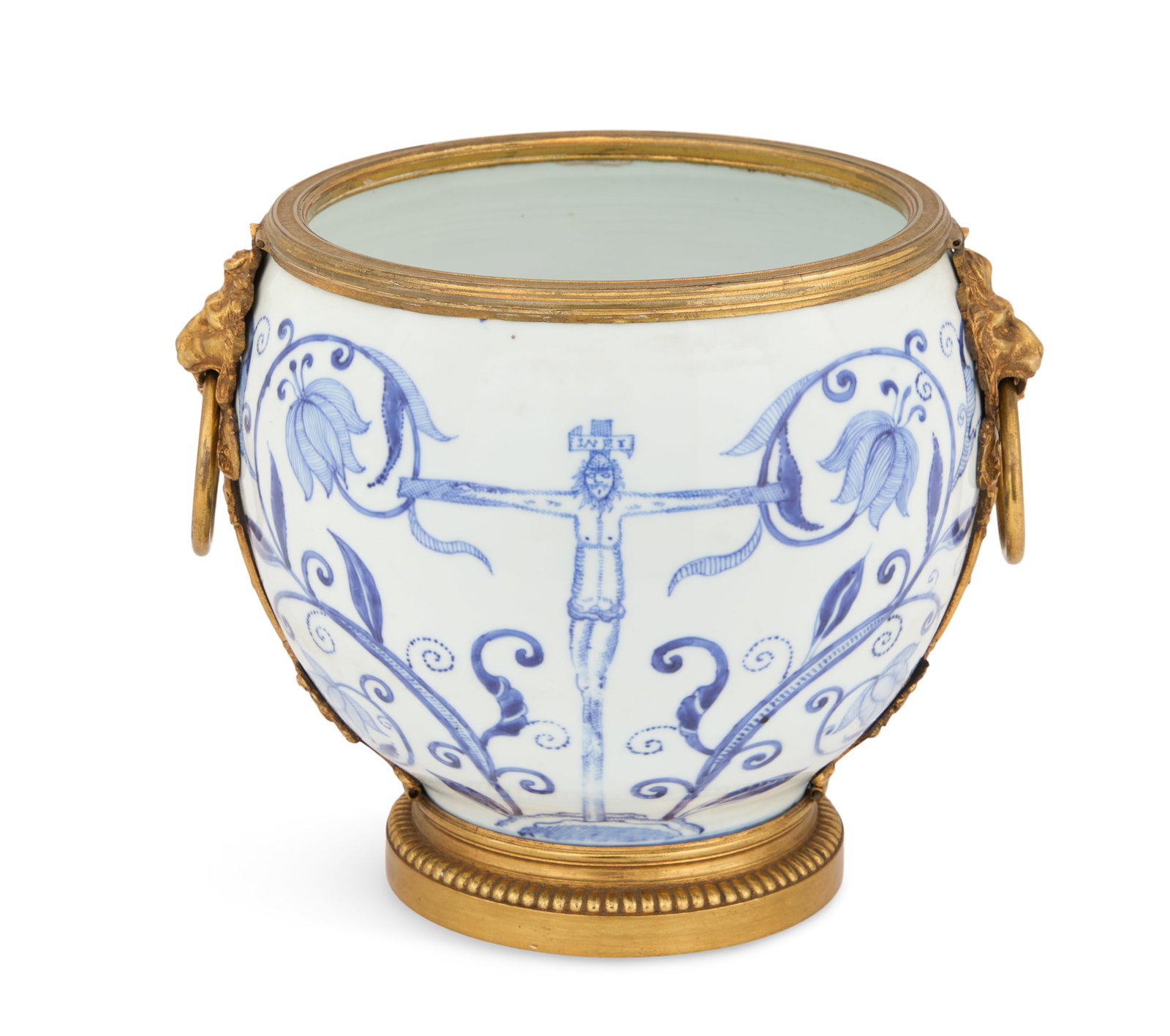 Rare Chinese Export "Crucifixion" Jar: Ormolu-Mounted Chinese Export "Crucifixion" Jar the porcelain ca. 1695, with later Regence period gilt-bronze lion's-head ring pulls and base, each side decorated with Christ on the cross, framed by s