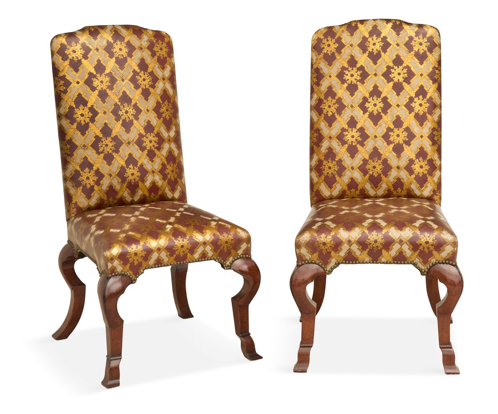 Pair of Labeled Lx Rossi Side Chairs: Pair of Labeled Lx Rossi Side Chairs in the Portuguese taste, the backs and seats upholstered in patterned leather, the backs in moss basketweave and trimmed throughout with brass nails, labeled in le