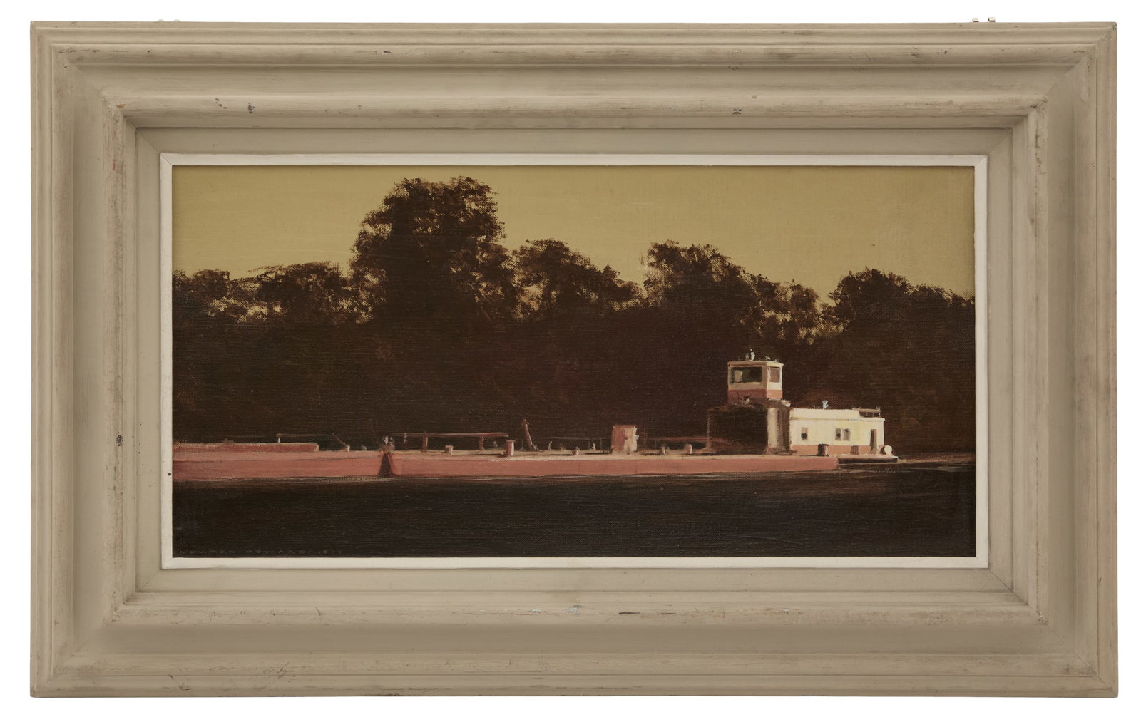 Newton Reeve Howard (USA/Louisiana, 1912-1984): Newton Reeve Howard (American/Louisiana, 1912-1984) "Barges", 1977 oil on canvas board signed and dated lower left, titled en verso. Framed. 12" x 24", 19-1/2" x 31-1/2"