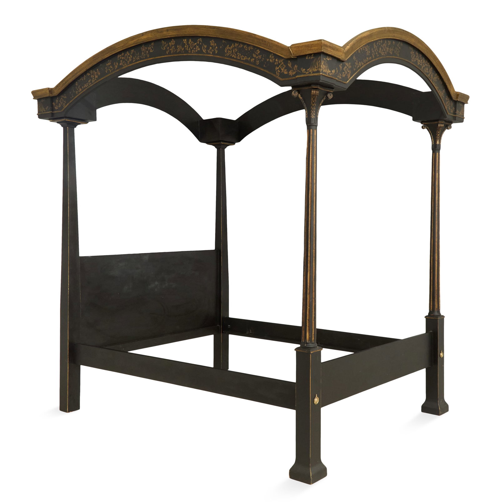Chinoiserie and Black-Lacquered Queen-Size Bed: Chinoiserie and Black-Lacquered Queen-Size Bed with an arched and domed canopy, supported by turned and fluted posts, joined by an arched headboard. h. 104", inside w. 60", l. 81", outside w. 74", l. 