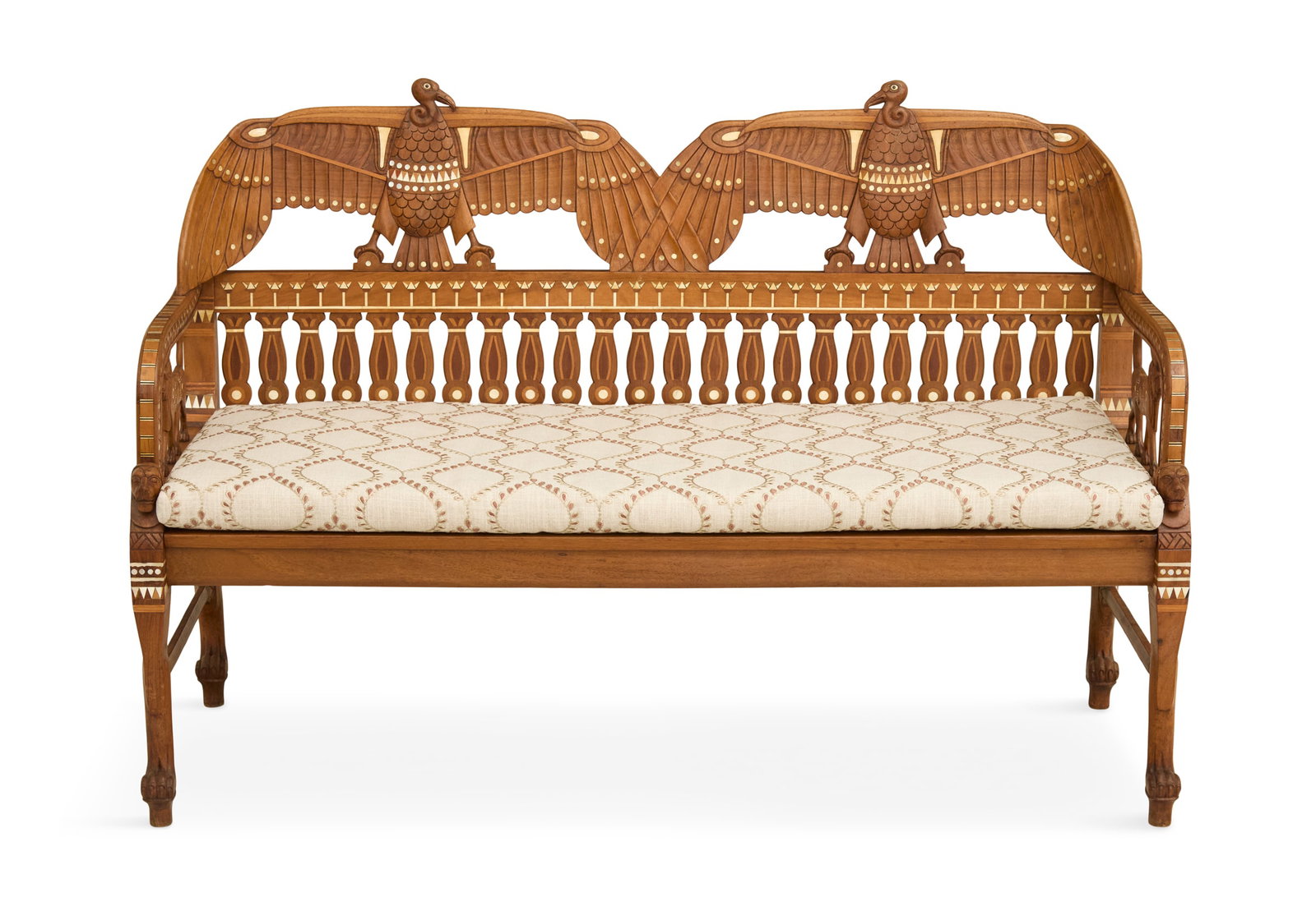 Egyptian Revival Teakwood and Inlaid Bench: Egyptian Revival Teakwood and Inlaid Bench first half 20th century, the back crest featuring a pair of opposing birds representing Nekhbet, the ancient goddess of Egypt, the lower back with a row of i