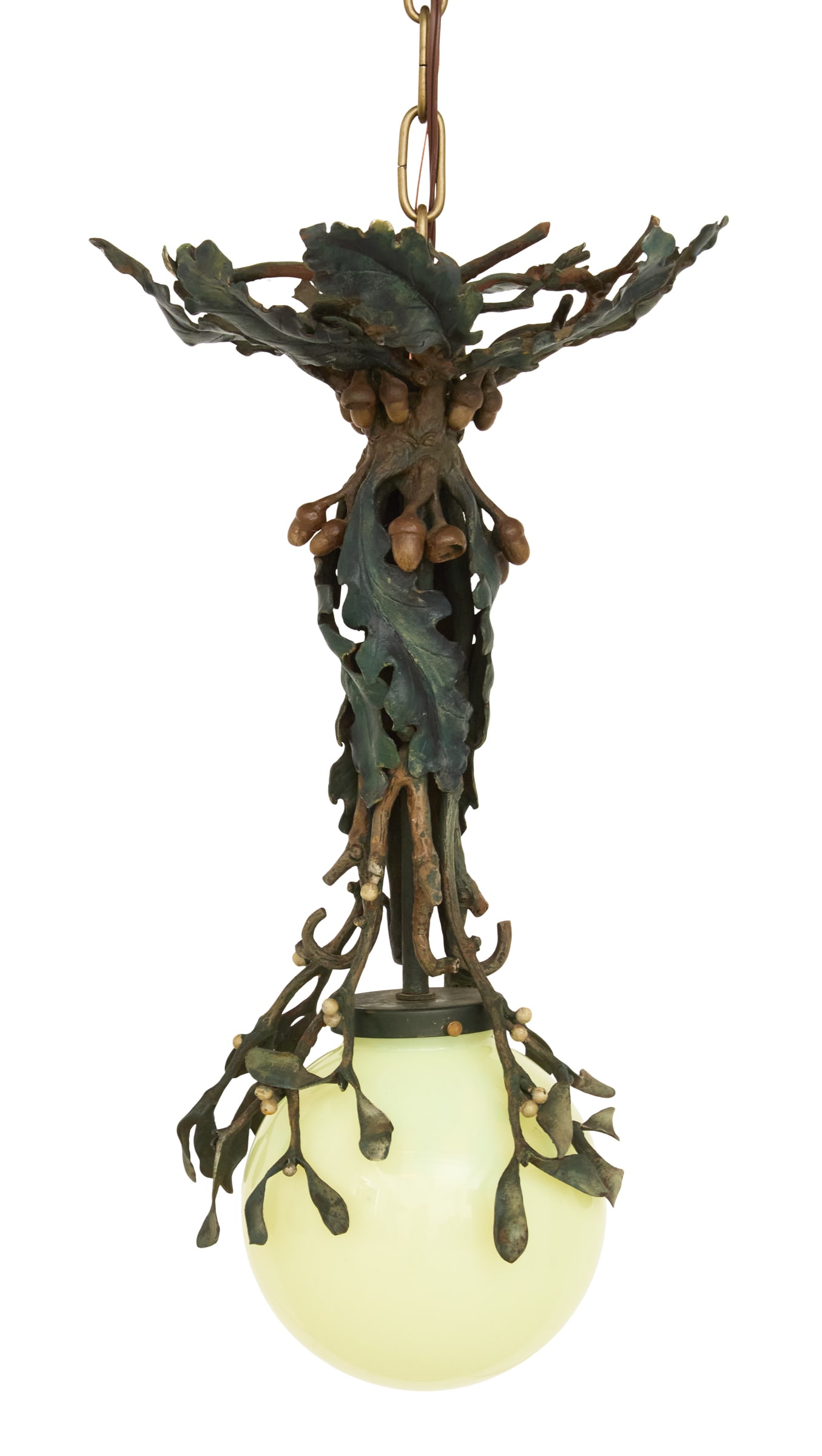 French Enameled Bronze and Metal Pendant Light: French Enameled Bronze and Metal Pendant Light second quarter 20th century, the upper portion composed of pierced and enameled metal oak leaves and acorns, and the lower portion with a yellow art glas