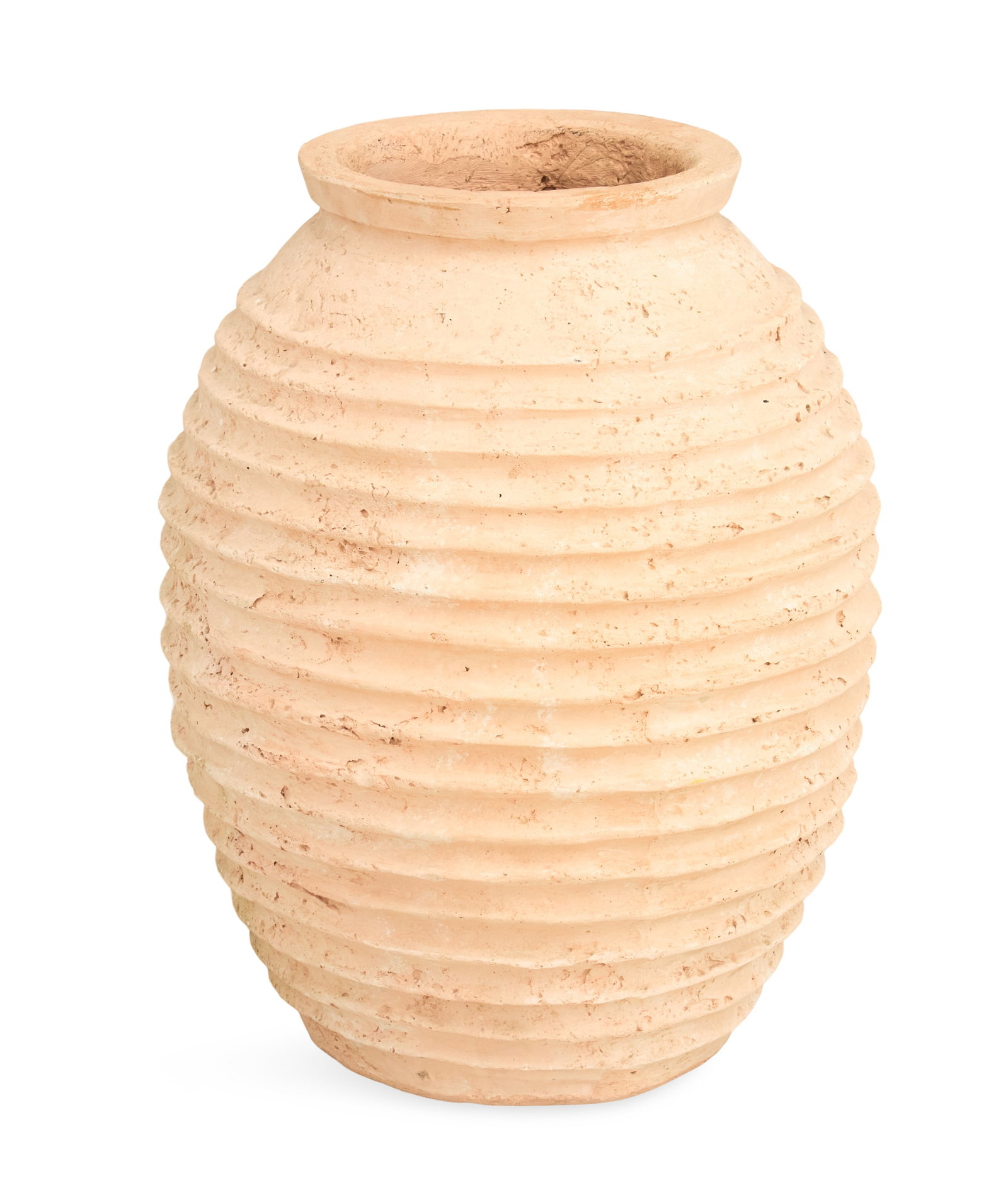 Terracotta Olive Jar in the Spanish Taste: Terracotta Olive Jar in the Spanish Taste contemporary, the turned lip over a tapered body decorated with concentric ring turning. h. 30-1/2", dia. 16-1/2"