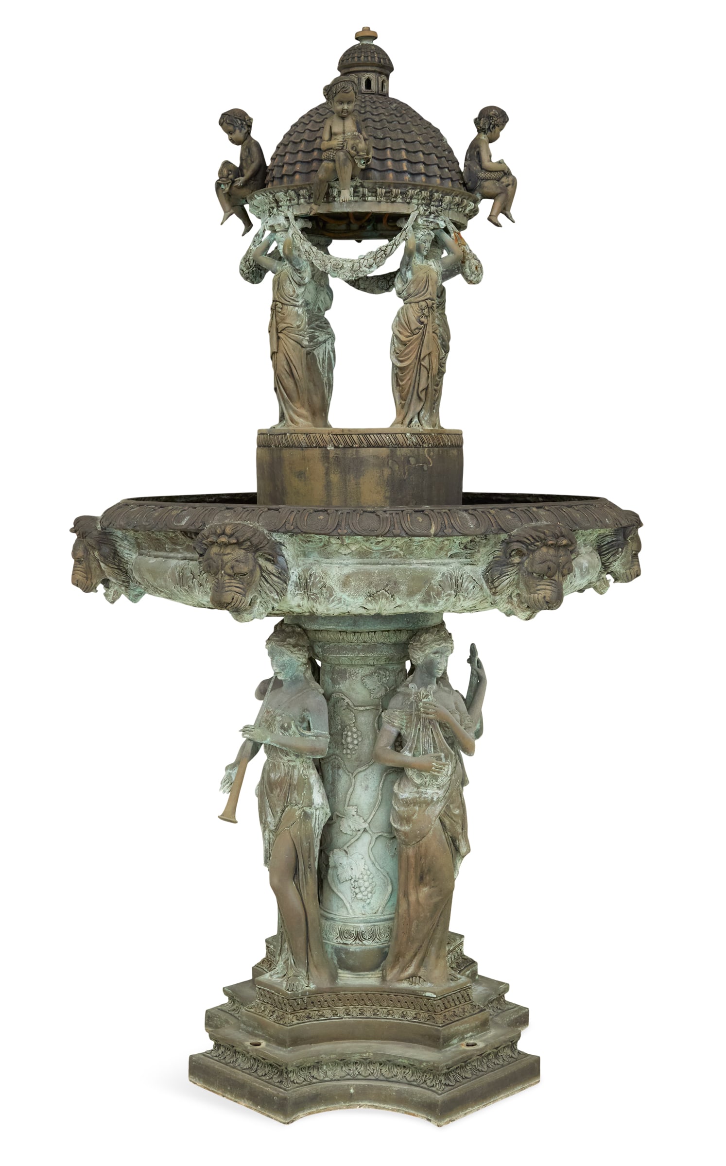 Monumental Beaux-Arts-Style Bronze Fountain: Monumental Bronze Fountain in the Beaux-Arts Taste 20th century, the upper portion in the form of a domed summer house, with four putti along the edges of the tile roof, each supported on a dolphin, p