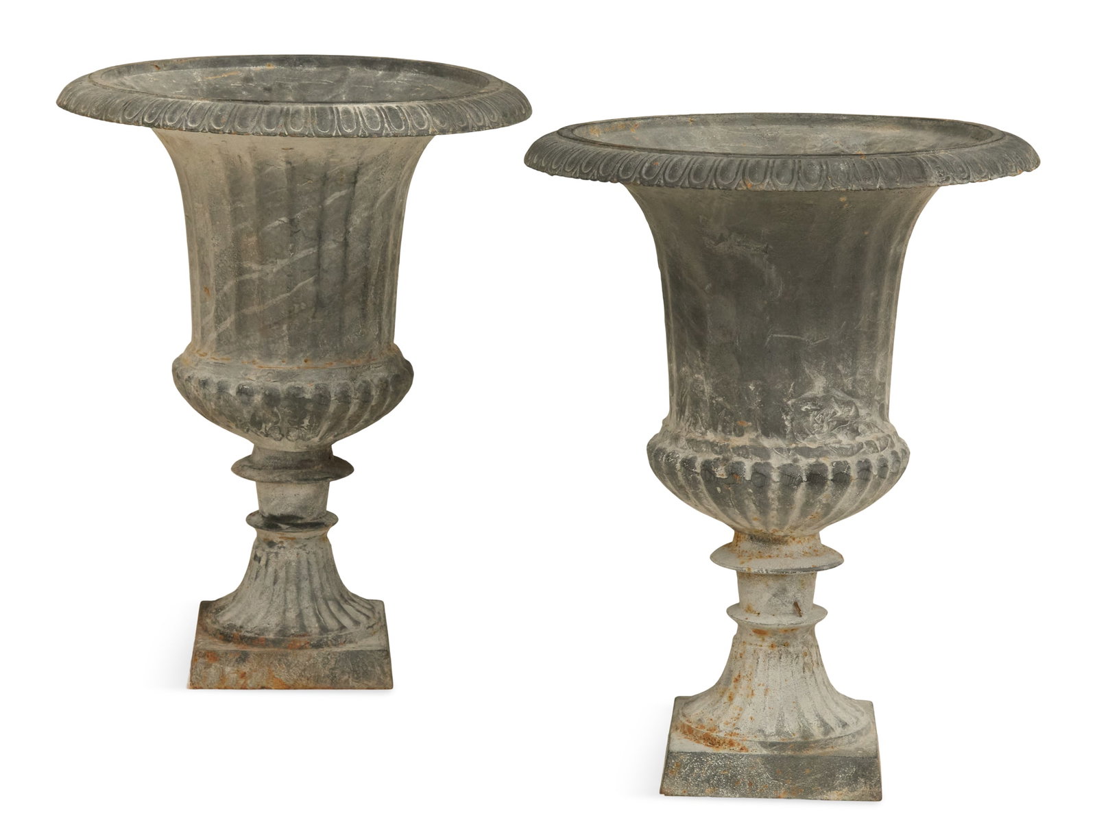 Pair of Metal Campana-Form Garden Urns: Pair of Metal Campana-Form Garden Urns contemporary, in the neoclassical taste, with fluted bodies on reeded lower portions, raised on tapered and fluted bases. h. 24", dia. 18-1/2"
