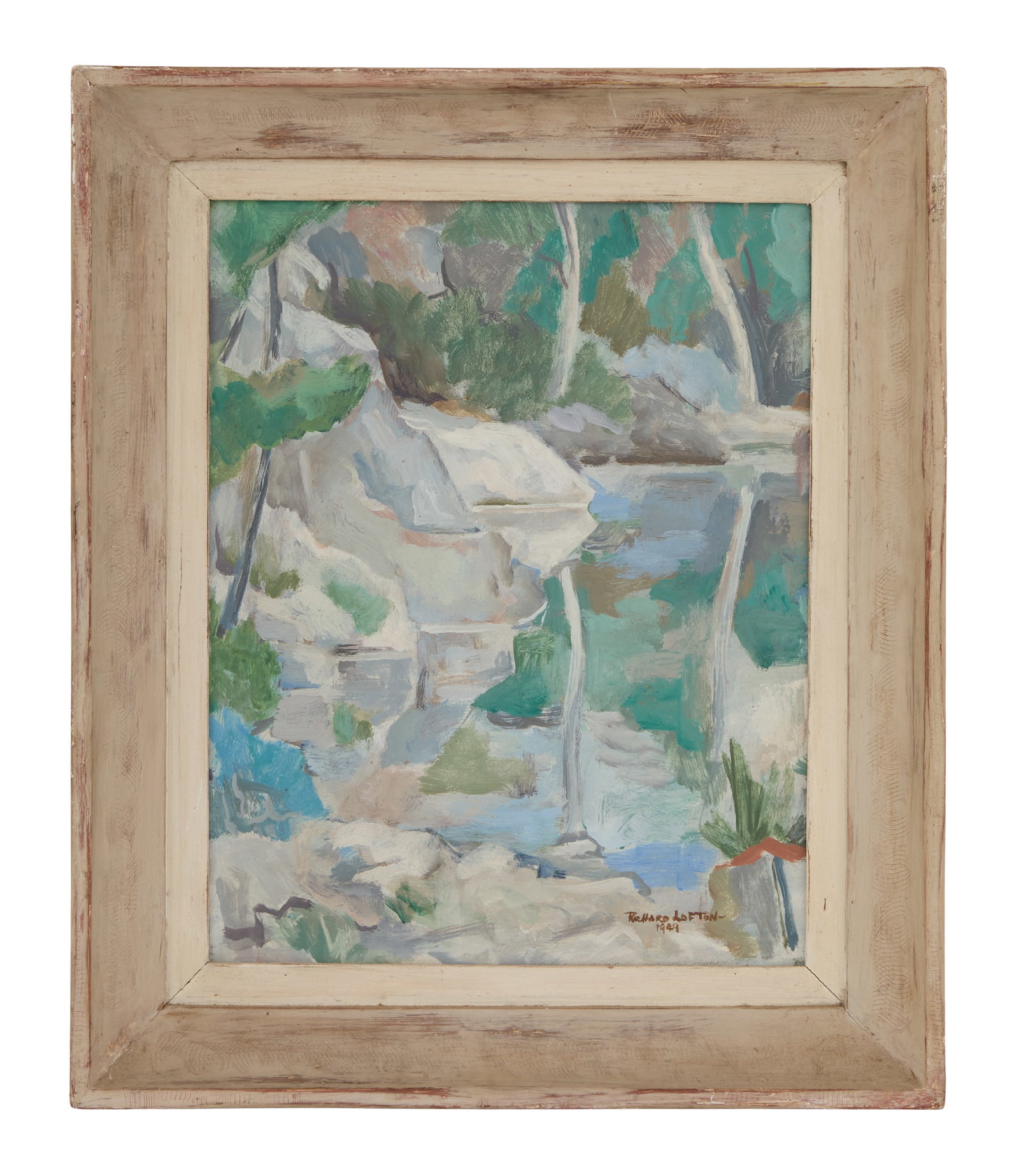 Richard Morrison Loftan (American, 1908-1966): Richard Morrison Loftan (American, 1908-1966) "Pool, Carmel River", 1949 oil on board signed and dated lower right, titled en verso. Framed. 20-1/2" x 16", framed 27" x 22-1/4"
