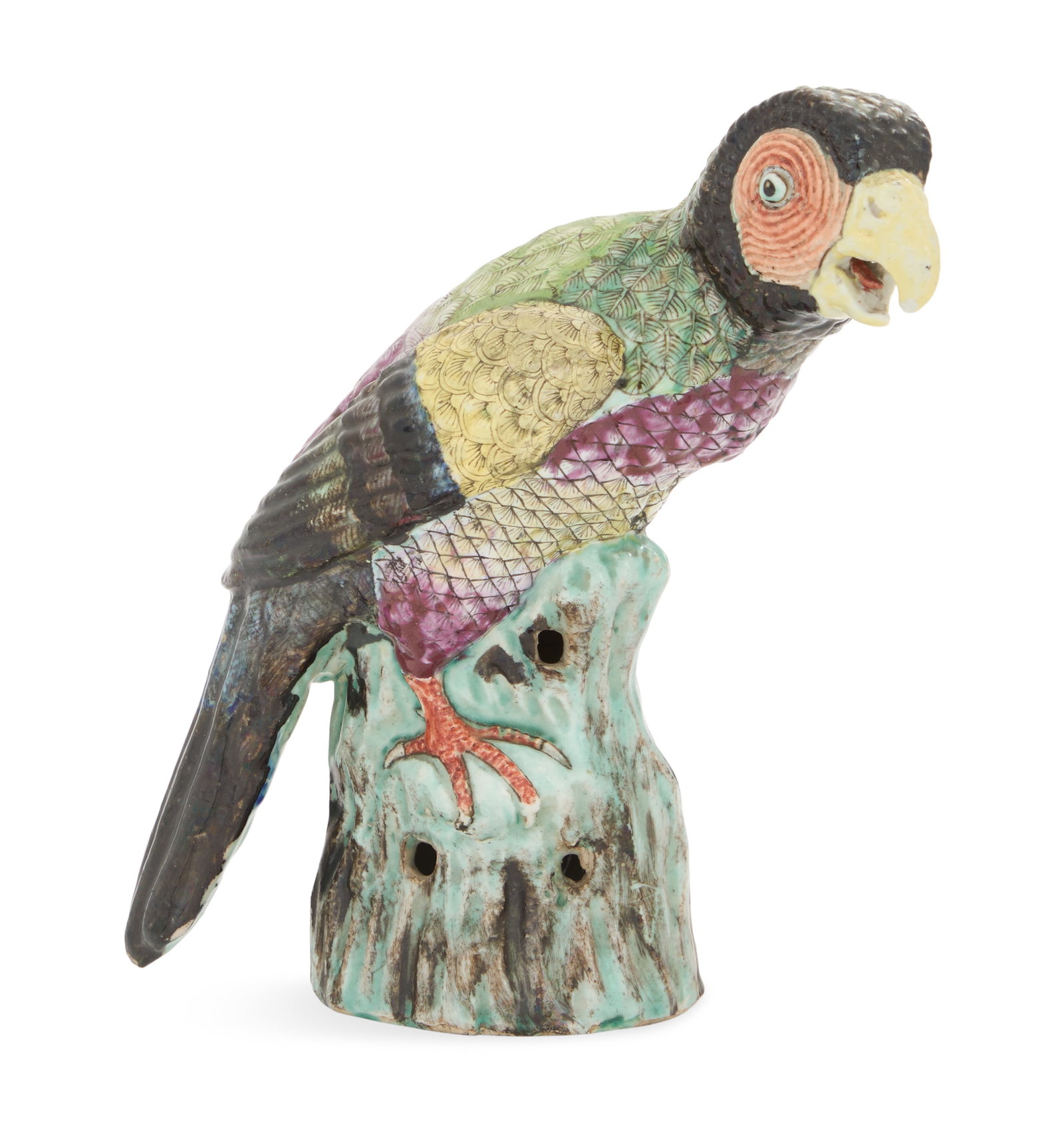 Chinese Export Polychrome Porcelain Parrot: Chinese Export Polychrome Porcelain Parrot 19th century, the animated parrot perched on a pierced blue-glazed base, labeled on the inside. h. 8-3/4", w. 6-1/4", d. 3" Provenance: Henry Moog, Atlanta, 
