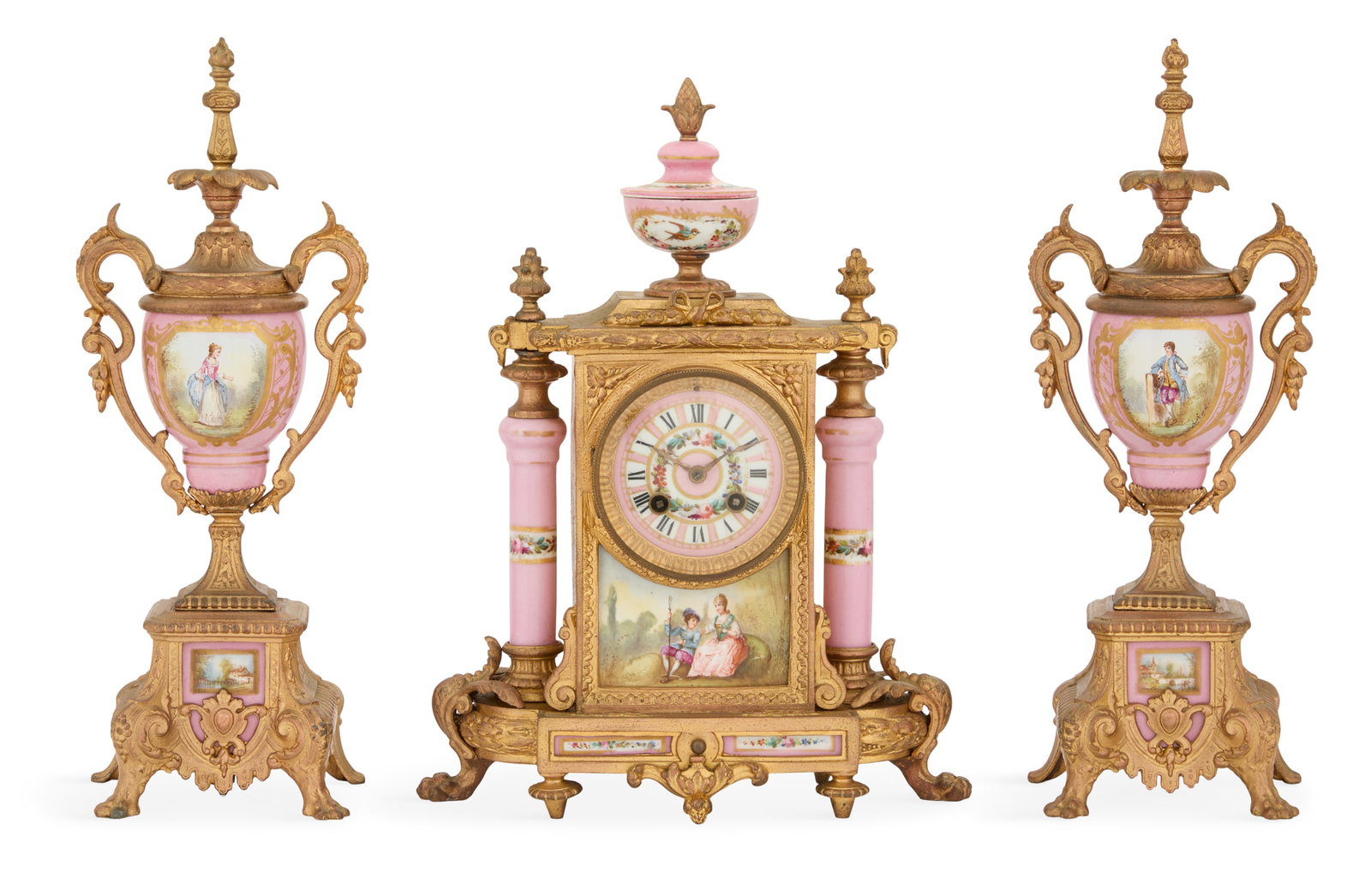 French Three-Piece Clock Set: French Gilt-Metal and Porcelain Three-Piece Clock Set early 20th century, decorated with flowers and courting couples in 18th-century costumes, on a pink ground, the set comprised of a clock with an u