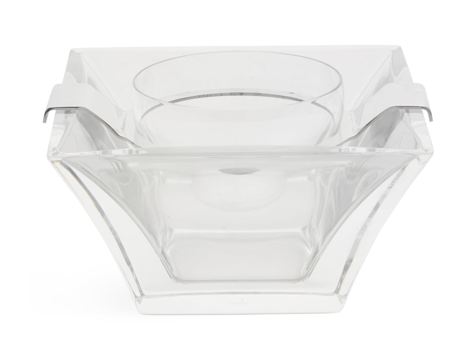 French Baccarat Crystal and Chrome Caviar Set: French Baccarat Crystal and Chrome Caviar Set 20th century, the pylon-form outer ice bowl with a chrome holder for the crystal caviar bowl, in its original fitted box. h. 4", w. 7-1/4", d. 7-1/4"
