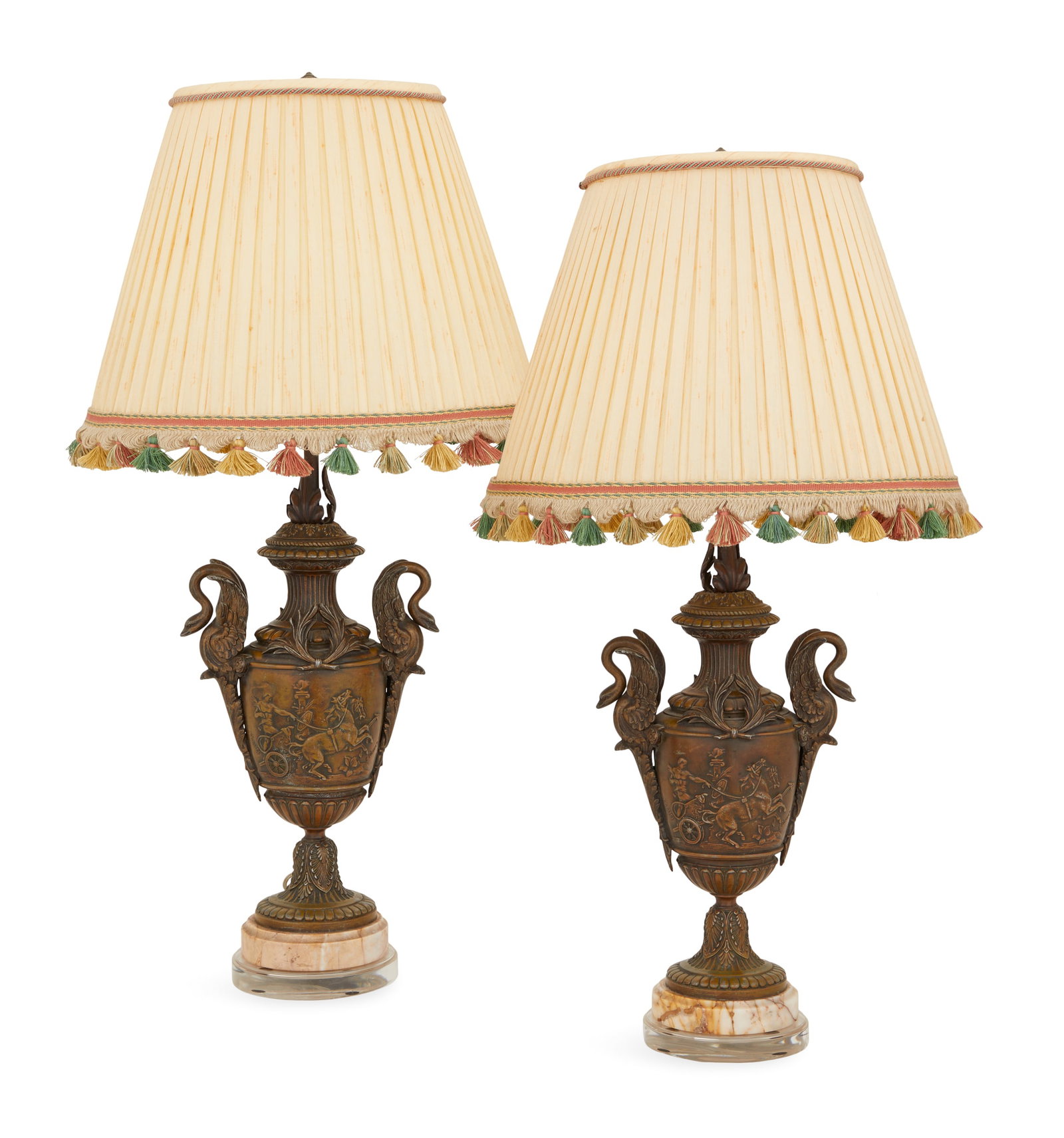 Pair of French Patinated Metal and Marble Lamps: Pair of French Patinated Metal and Marble Lamps ca. 1900, in the Classical Revival taste, set with swan-form handles, the bodies decorated in bas-relief with neoclassical charioteers, after Emile Pica