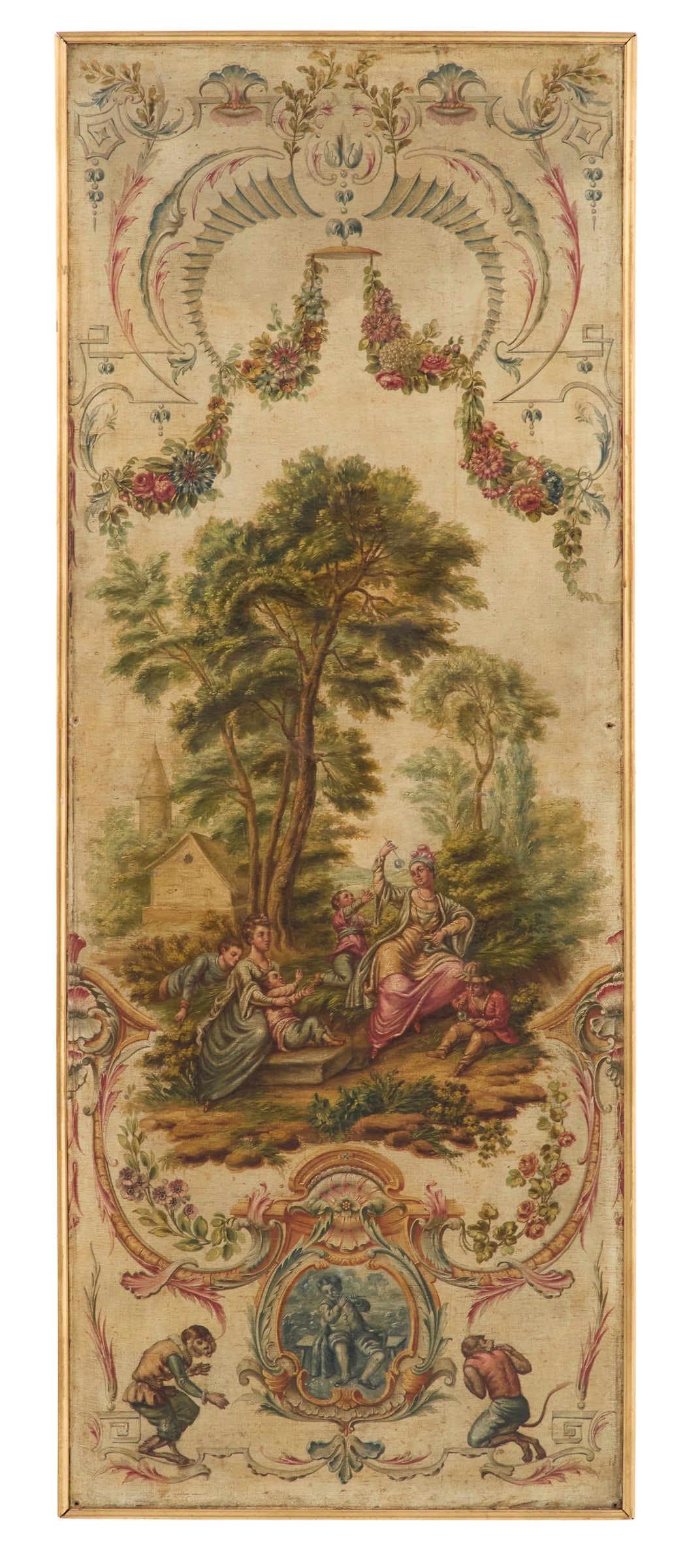 Venetian Oil-on-Canvas Painted Panel: Venetian Oil-on-Canvas Painted Panel ca. 1800, in the neoclassical taste, decorated with swags of flowers framing a scene of mothers blowing bubbles for children, framed on the bottom with shell-accen
