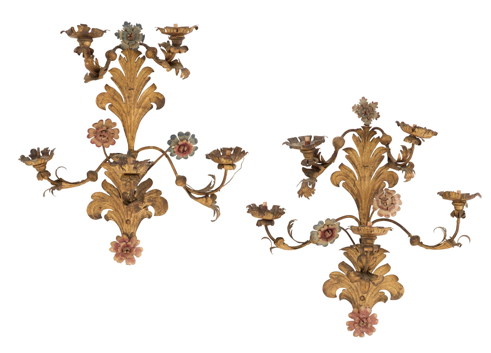Pair of Italian Gilt-Metal Five-Light Sconces: Pair of Italian Gilt-Metal Five-Light Sconces early 20th century, the gilt-metal leaf-form backplates set with flower-form finials, flanked by leaf-form candle holders, mounted on scrolled arms, with 