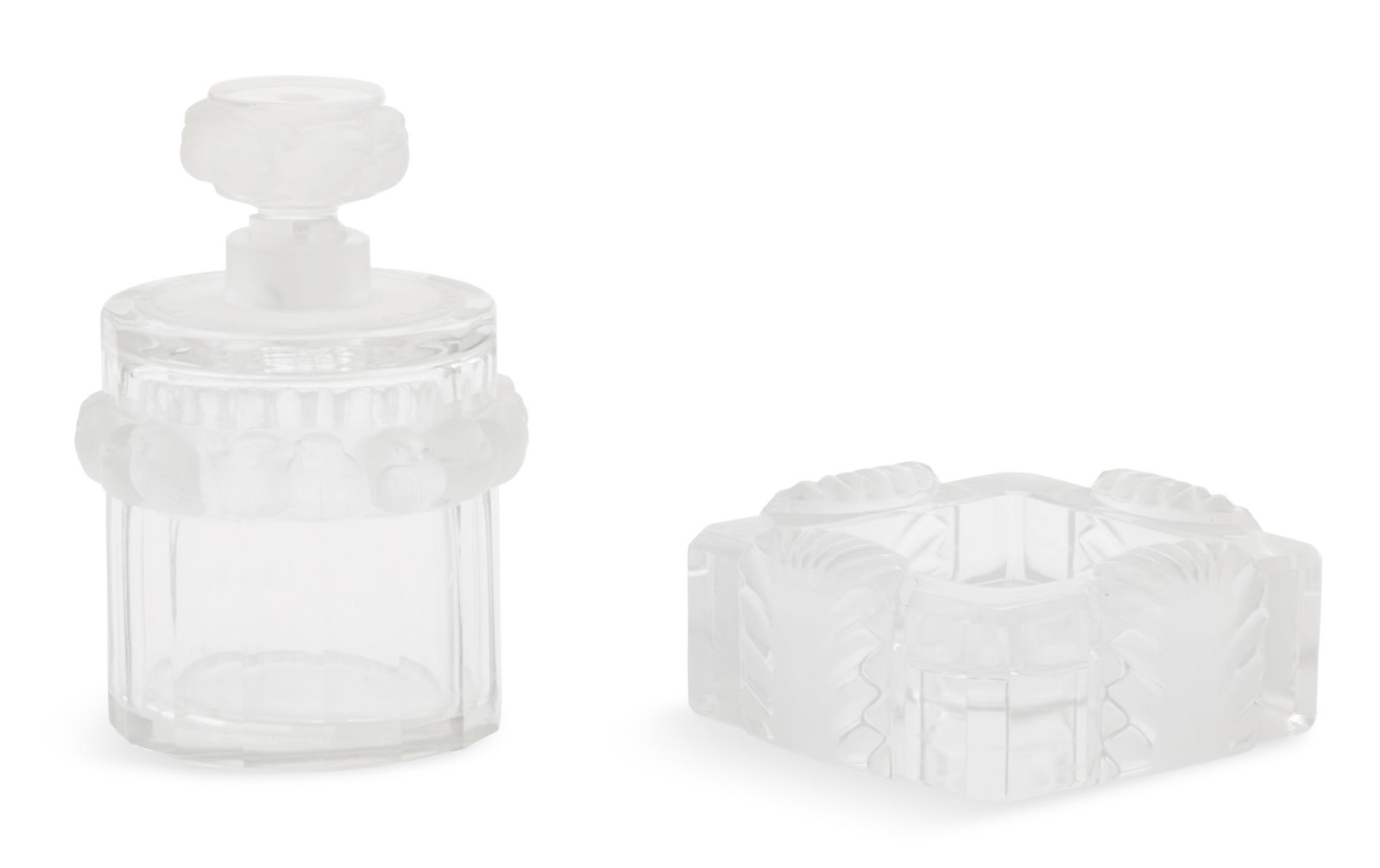 Two French Lalique Glass Objects: Two French Lalique Glass Objects ca. 1945-1978, including a "Corfu" ashtray with frosted acanthus leaves, h. 2", w. 4-1/2", d. 4-1/2", and a "Robinson" perfume bottle molded with frosted sparrows, h. 