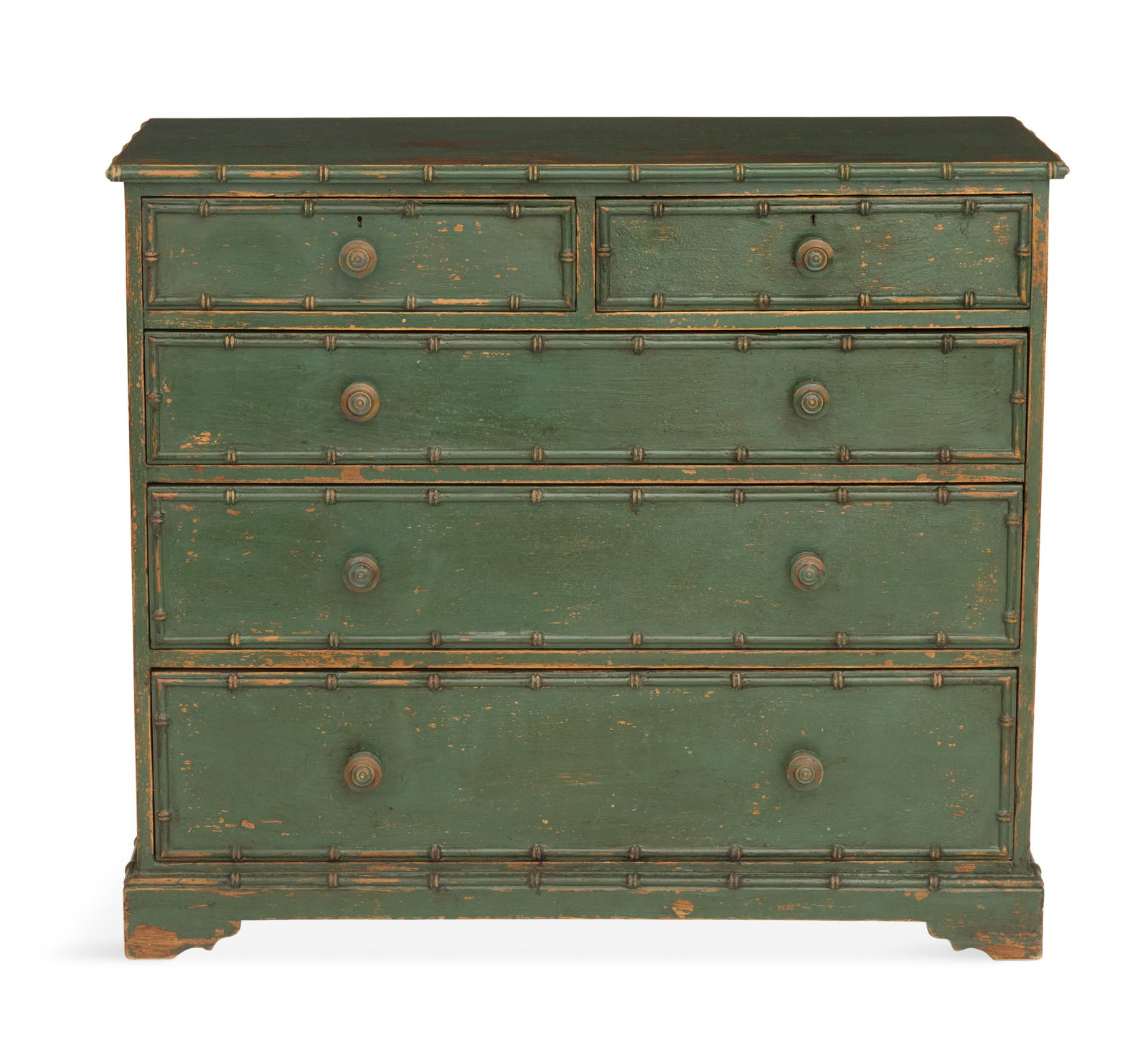 French Polychrome Faux Bamboo Chest of Drawers: French Polychrome Faux Bamboo Chest of Drawers 19th century, the top and drawers trimmed in faux bamboo moldings, a forest-green-painted surface. h. 36", w. 42", d. 19"