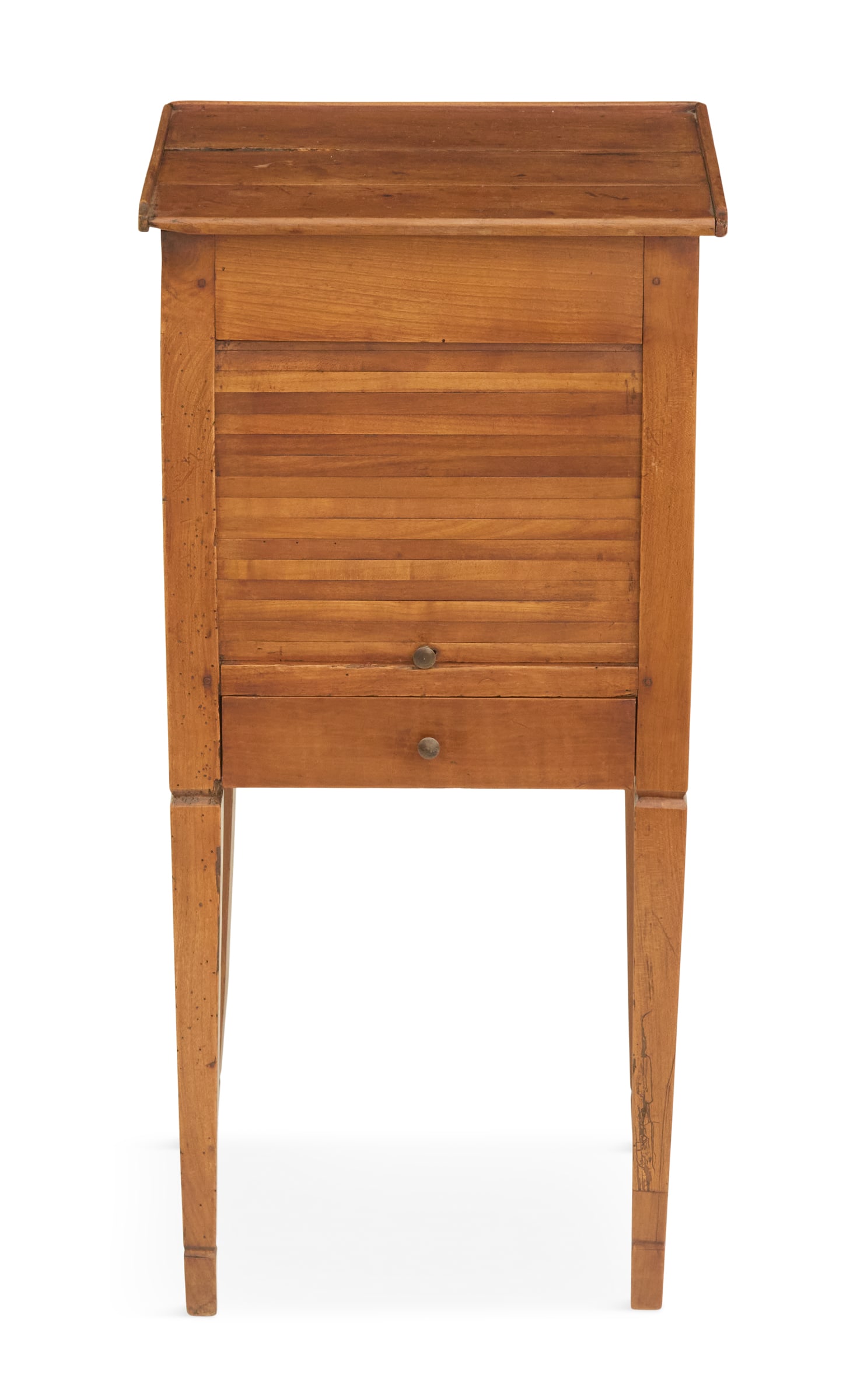 French Provincial Fruitwood Side Table: French Provincial Fruitwood Side Table 18th century, the top with a shallow three-quarter raised gallery, the front fitted with a roll-up tambour slide over a single drawer, raised on tapered square l