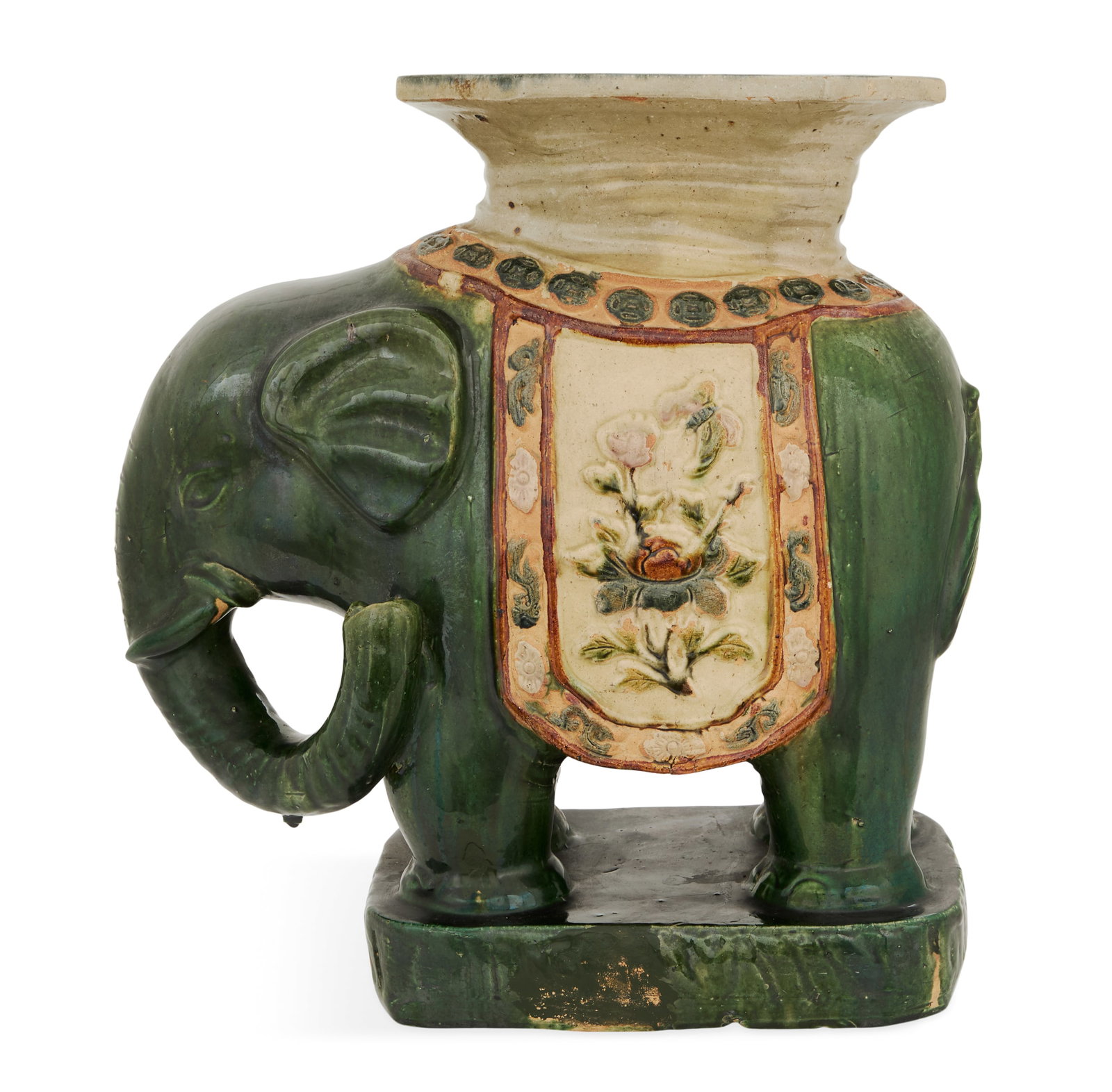 Chinese Sancai-Glazed Pottery Elephant-Form Stand: Chinese Sancai-Glazed Pottery Elephant-Form Stand 20th century, the octagonal top with cash symbols over a green-glazed elephant with a saddle blanket decorated with raised flowers and butterflies. h.