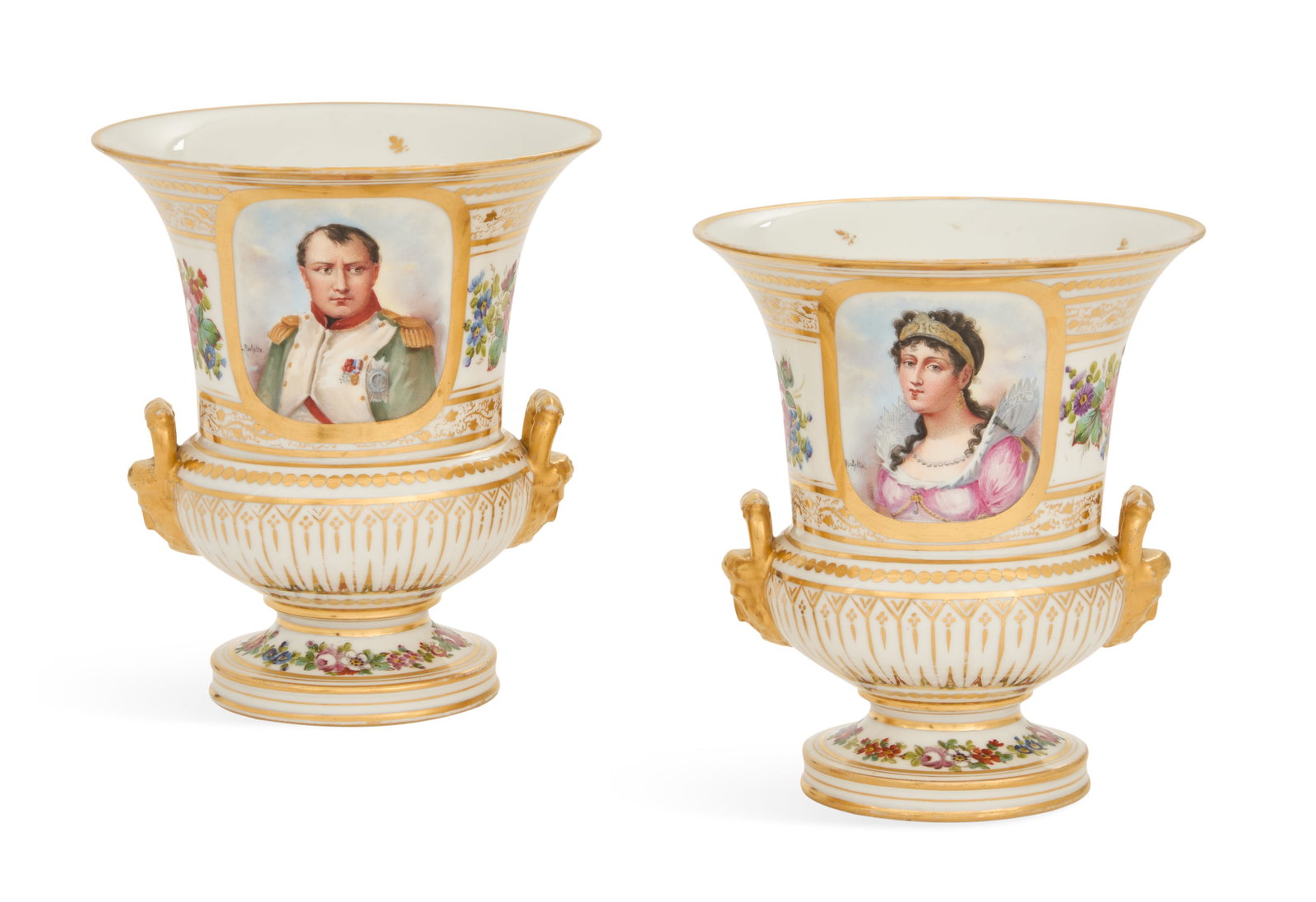 Pair of Paris Porcelain Urns: Pair of Paris Porcelain Urns 19th century, decorated with oval portraits of Napoleon I and Josephine, with polychrome flower borders, the sides set with masque-molded handles, with spurious Sevres mar