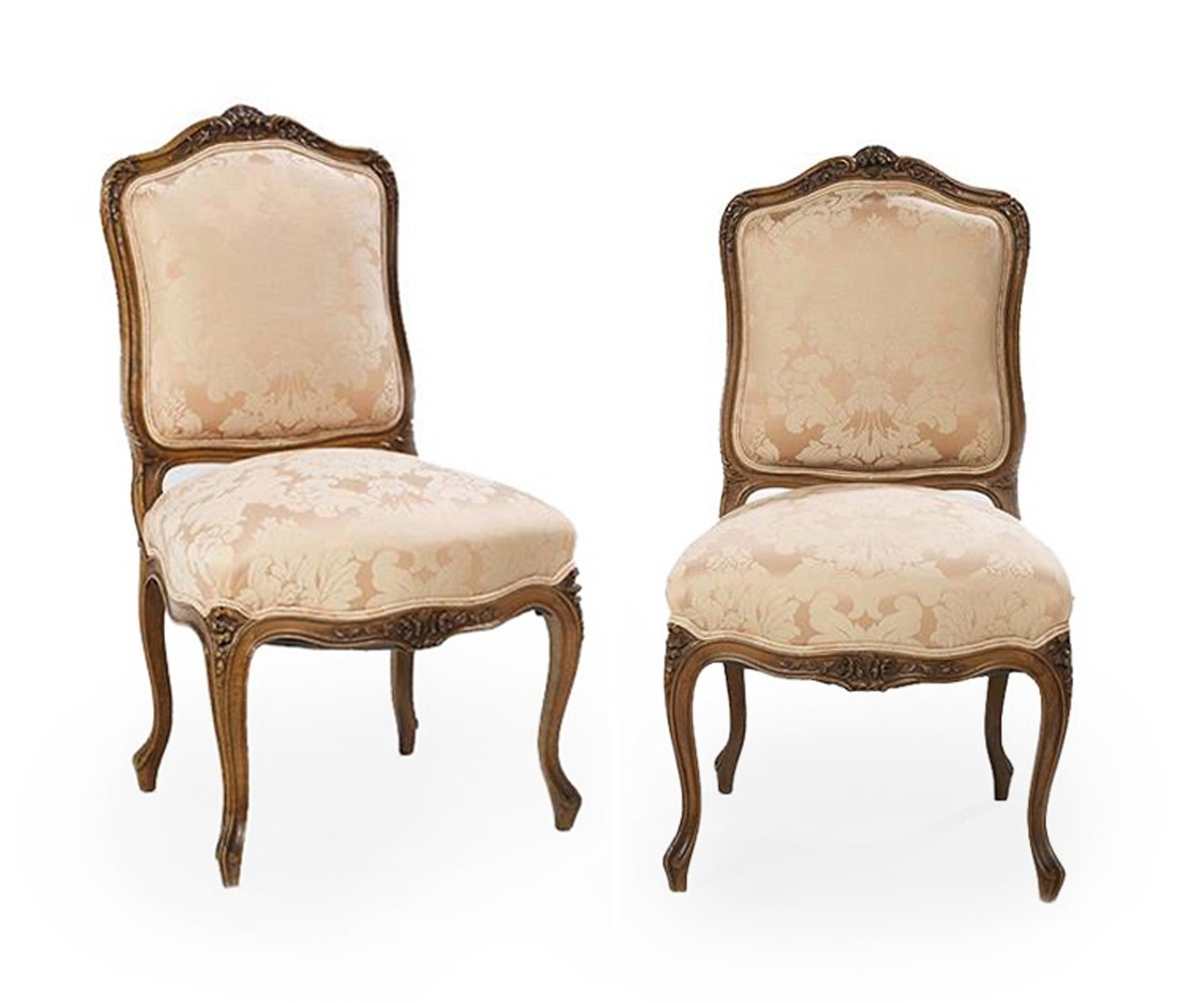 Pair of Louis XV-Style Fruitwood Side Chairs: Pair of Louis XV-Style Fruitwood Side Chairs 20th century, each with a shaped and padded back surmounted by a floral and foliate shell crest, the padded seat raised on molded cabriole legs ending in s