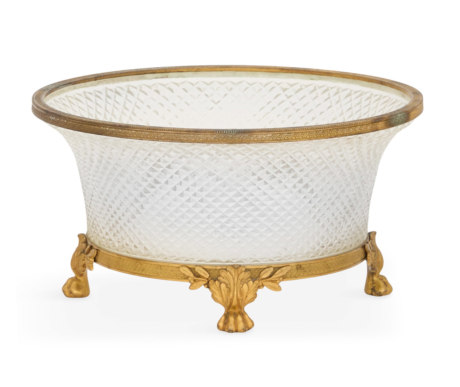Bronze-Mounted Cut-Crystal Bowl: Bronze-Mounted Cut-Crystal Bowl mid-20th century, the diamond-point-cut centerpiece bowl mounted with engine-turned gilt-bronze fittings, raised on paw feet. h. 5-1/4", dia. 10-1/4" Provenance: Kevin 