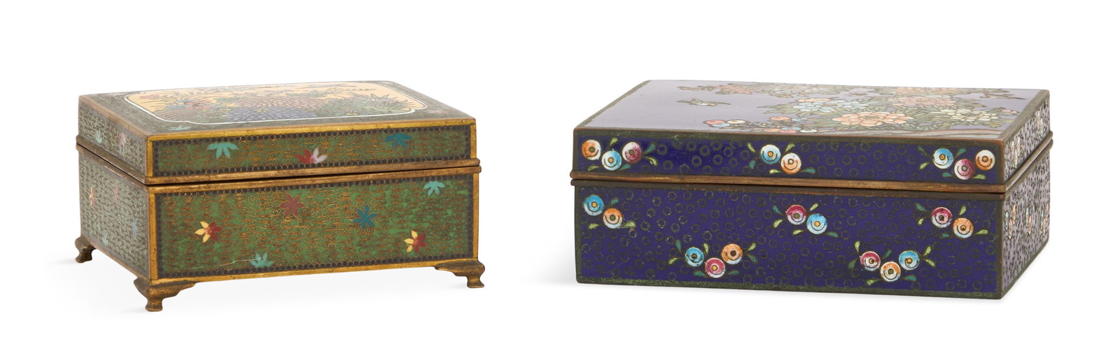 Two Chinese Cloisonne Enamel Boxes: Two Chinese Cloisonne Enamel Boxes 20th century, the smaller square box with floral decoration on a green ground and raised on ball feet, h. 1-3/4", w. 3-1/2", d. 3", and the larger rectangular box de