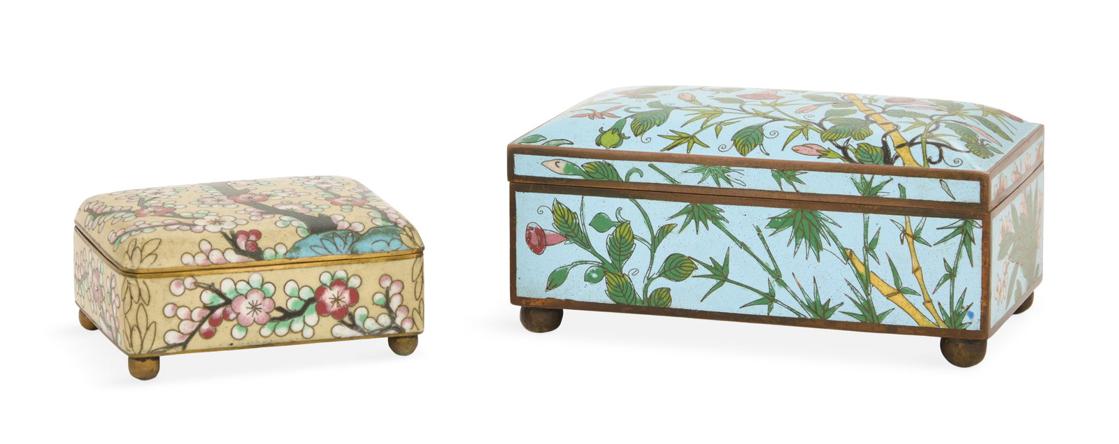 Two Chinese Cloisonne Enamel Boxes: Two Chinese Cloisonne Enamel Boxes 20th century, the smaller square box decorated with floral motifs on a light ground and raised on ball feet, h. 1-3/4", w. 3-3/4", d. 3-1/4", and the larger rectangu