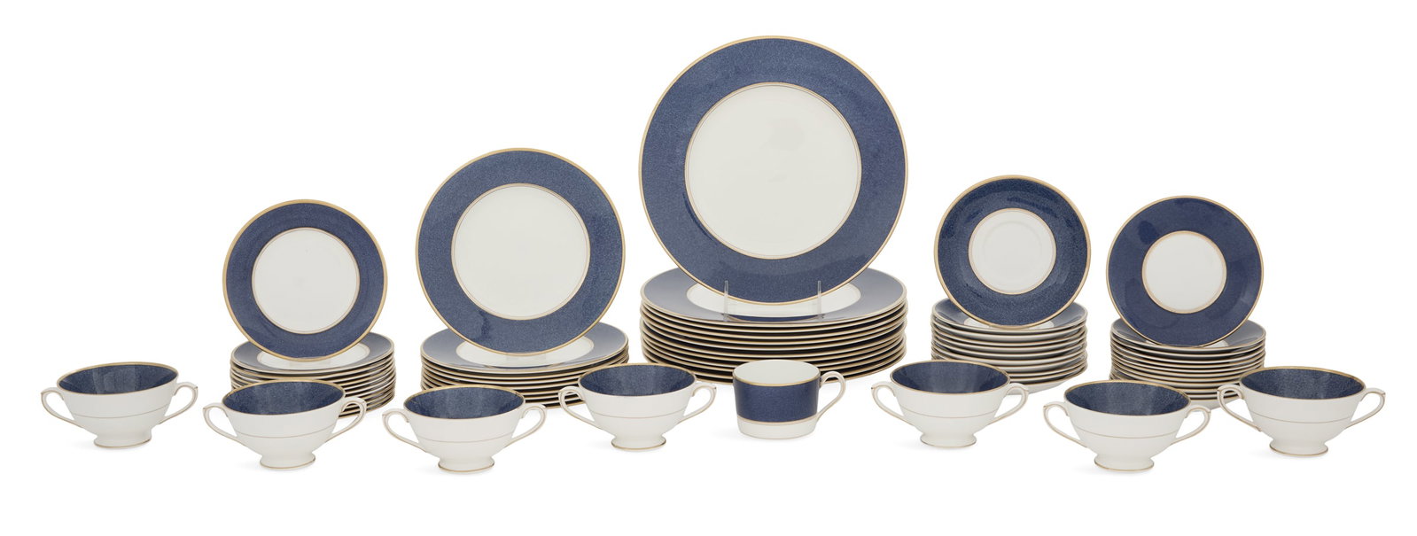 Coalport "Athlone Blue" Dinner Service: Coalport "Athlone Blue" Partial Bone China Dinner Service ca. 1970-1993, the service including: twelve dinner plates, dia. 10-3/4"; nine salad/dessert plates, dia. 8-1/4"; twelve bread-and-butter plat