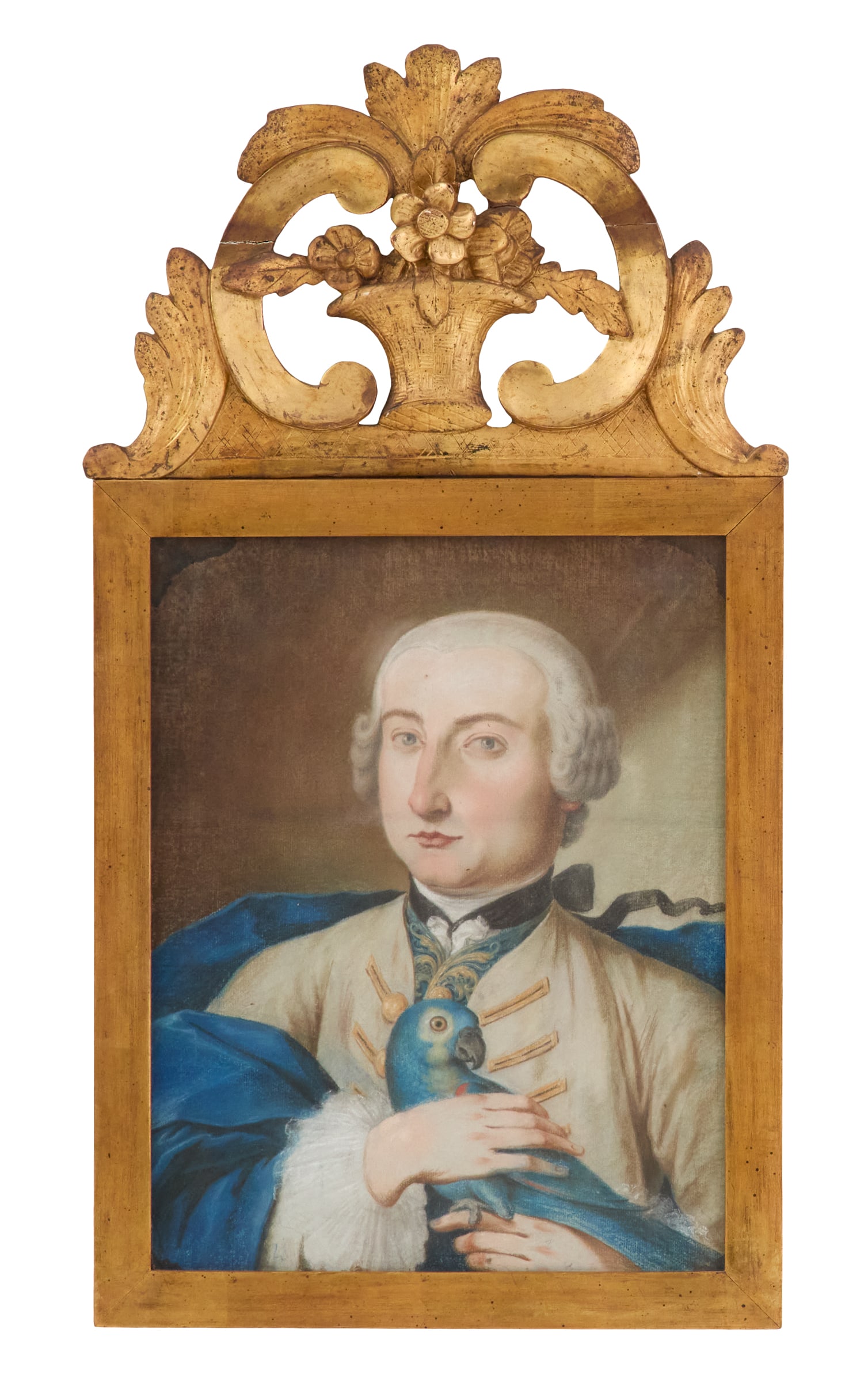 French School (18th Century): French School 18th Century "Portrait of a Gentleman with a Blue Parrot" pastel on paper unsigned. Framed. 19-1/8" x 14-7/8", framed 34" x 17-3/4" Provenance: The collection of Clarence G. Ochsner, Wab