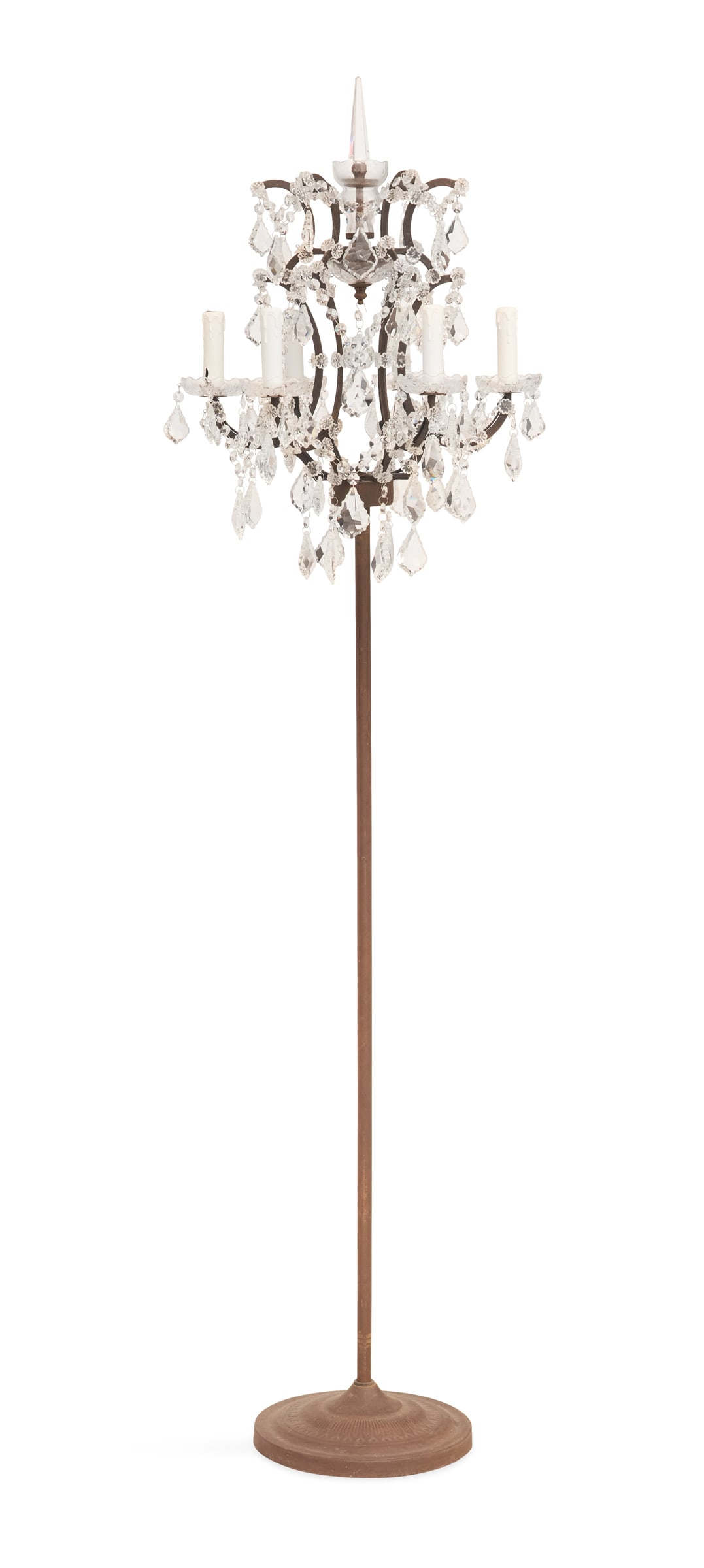 Restoration Hardware Iron and Crystal Torchere: Restoration Hardware Iron and Crystal Torchere the design by Timothy Oulton, the spire-form crystal finial over six arms hung with swags of cut-glass drops, the arms mounted with glass prism rings, wi