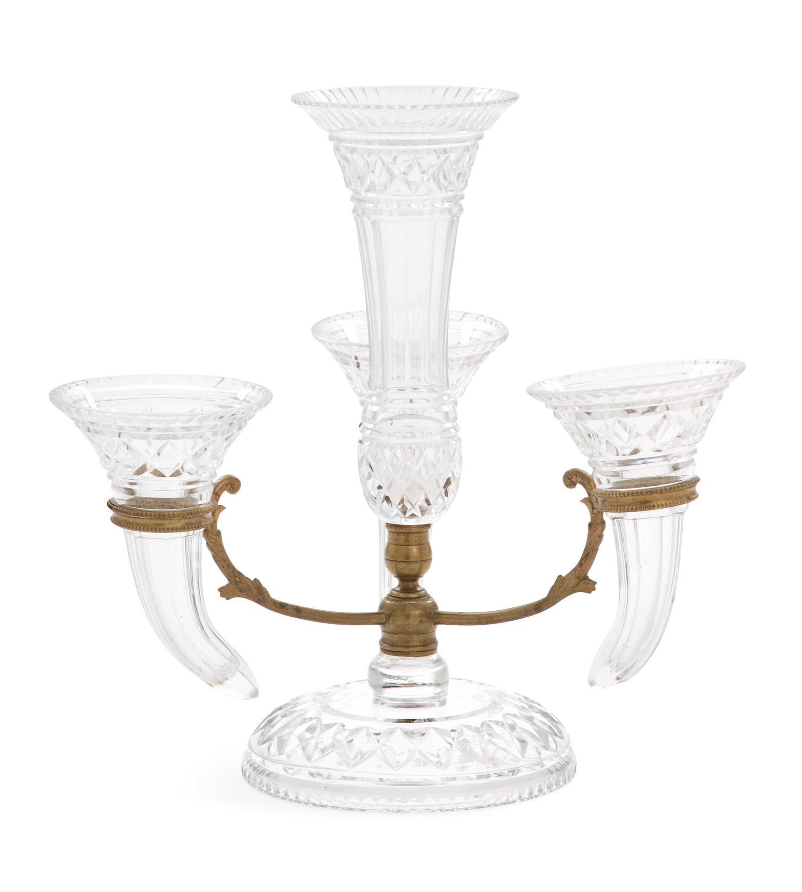 F. & C. Osler Flower Epergne: F. & C. Osler Flower Epergne 19th century, with leaf-molded bronze fittings, set with a central cut-glass posy holder and three cornucopia-form posy holders on a cut-glass domed base. h. 12", dia. 12"