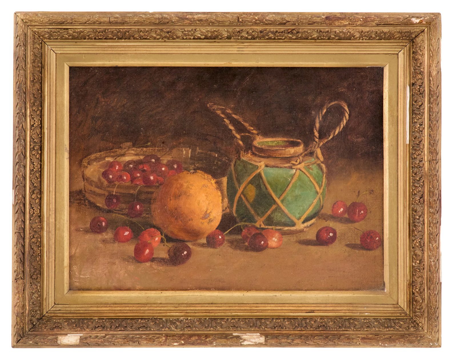 British School (ca. 1900): British School ca. 1900 "Still Life with Orange and Cherries" oil on canvas unsigned, a "T. Stubbs Cabinetmakers and Undertakers, Darlington" label en verso. Framed. 10" x 14", framed 14-1/8" x 18-1/8