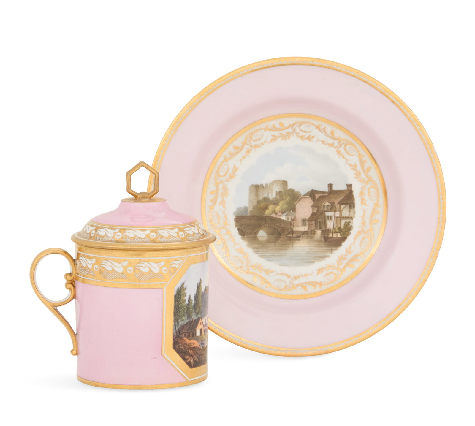 Barr, Flight & Barr Worcester Cup and Saucer: Barr, Flight & Barr Worcester Porcelain Cup and Saucer the cup, ca. 1807-1813, with a pierced lozenge-form knop and a polychrome view of the Drumcondra Bridge, the bottom marked "Dowcondra" (sic), alo