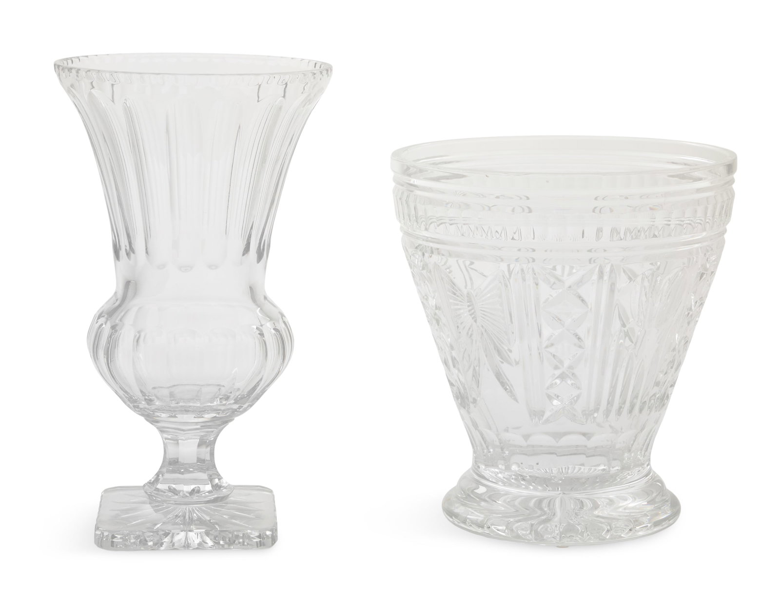Two Molded Crystal Vases: Two Molded Crystal Vases contemporary, including an urn-form example retailed by Neiman Marcus and signed by the retailer on the base, h. 13-1/4", dia. 7-1/2", and a Waterford champagne bucket from th