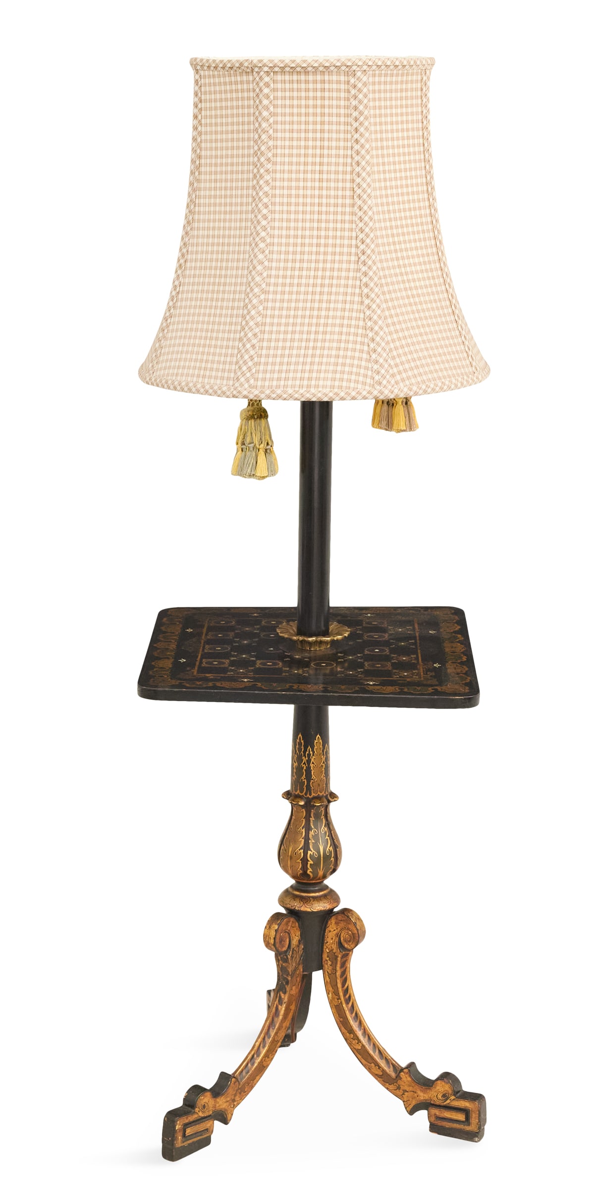 Regency Painted and Parcel-Gilt Games Table: Handsome Regency Painted and Parcel-Gilt Games Table first quarter 19th century and later, now mounted as a floor lamp, the light supported on an ebonized stand above the table top, painted as a game 