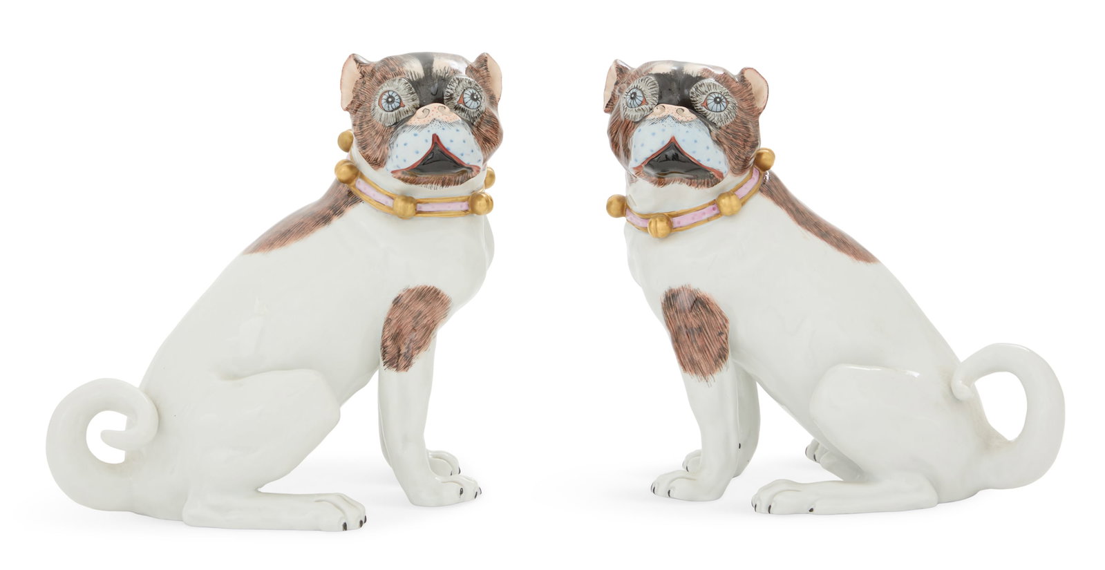 Pair of German Dresden Porcelain Pugs: Pair of German Dresden Porcelain Pugs ca. 1900, made by Carl Thieme, Potshappel, and marked near the tail, the carefully cast male and female pugs painted with pink collars and bells around their neck
