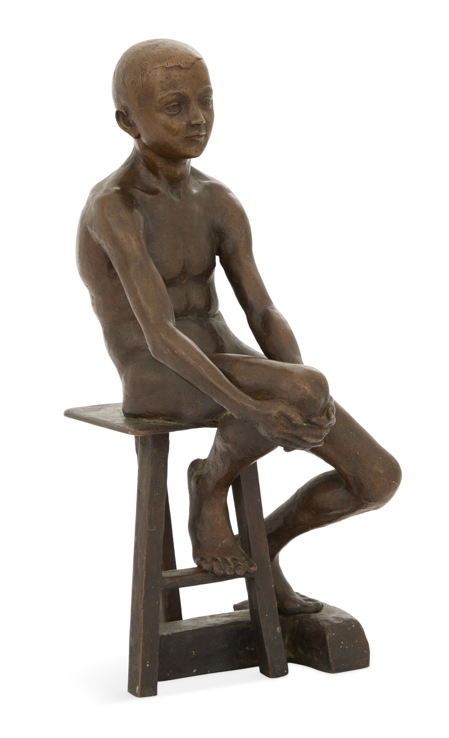 After Otto Schmidt-Hofer (German, 1873-1925): After Otto Schmidt-Hofer (German, 1873-1925) "Seated Boy" patinated bronze 20th century, cast signature along self base. h. 14", w. 6", d. 7"
