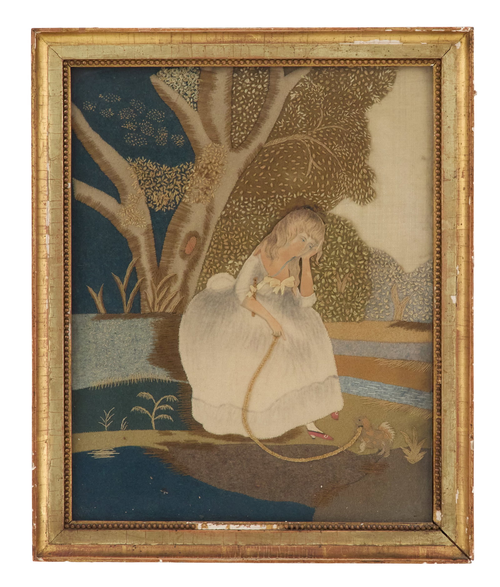 Embroidery of a Young Girl and Her Pet Squirrel: Unusual New England Embroidery of a Young Girl and Her Pet Squirrel ca. 1800, felted wool, silk and cotton threads, chenille, and silk ribbon on fine linen backing, hands and head delicately rendered 