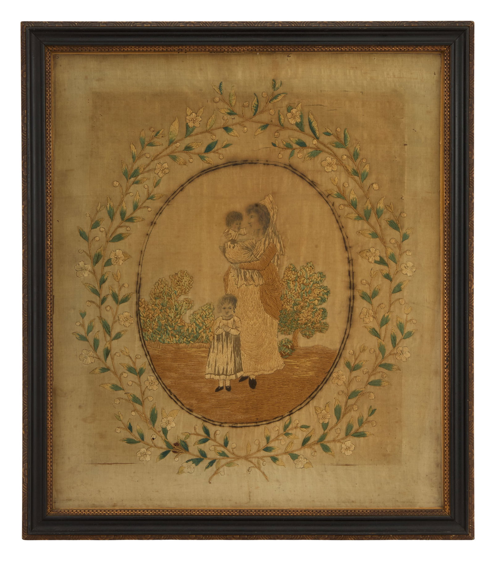 British Embroidery of a Mother and Children: British Embroidery of a Mother and Children 19th century, silk and wool threads on a silk fabric backing, faces and hands delicately rendered in watercolor, variety of stitches including French knots,
