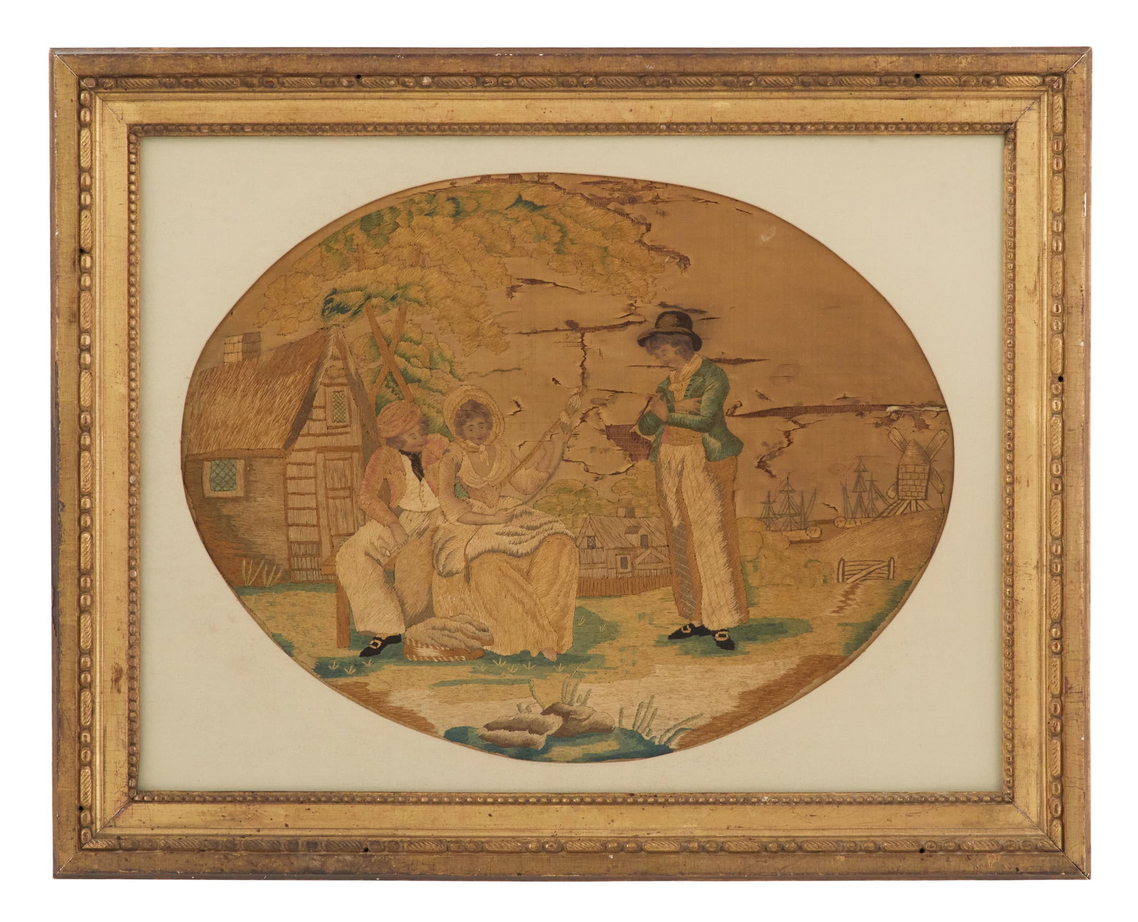 British Embroidery of a Woman Spinning Flax: British Embroidery of a Woman Spinning Flax and Her Admirers 19th century, silk thread on silk fabric, hands and faces delicately rendered in watercolor. Matted, glazed and framed. sight 14-1/4" x 18-