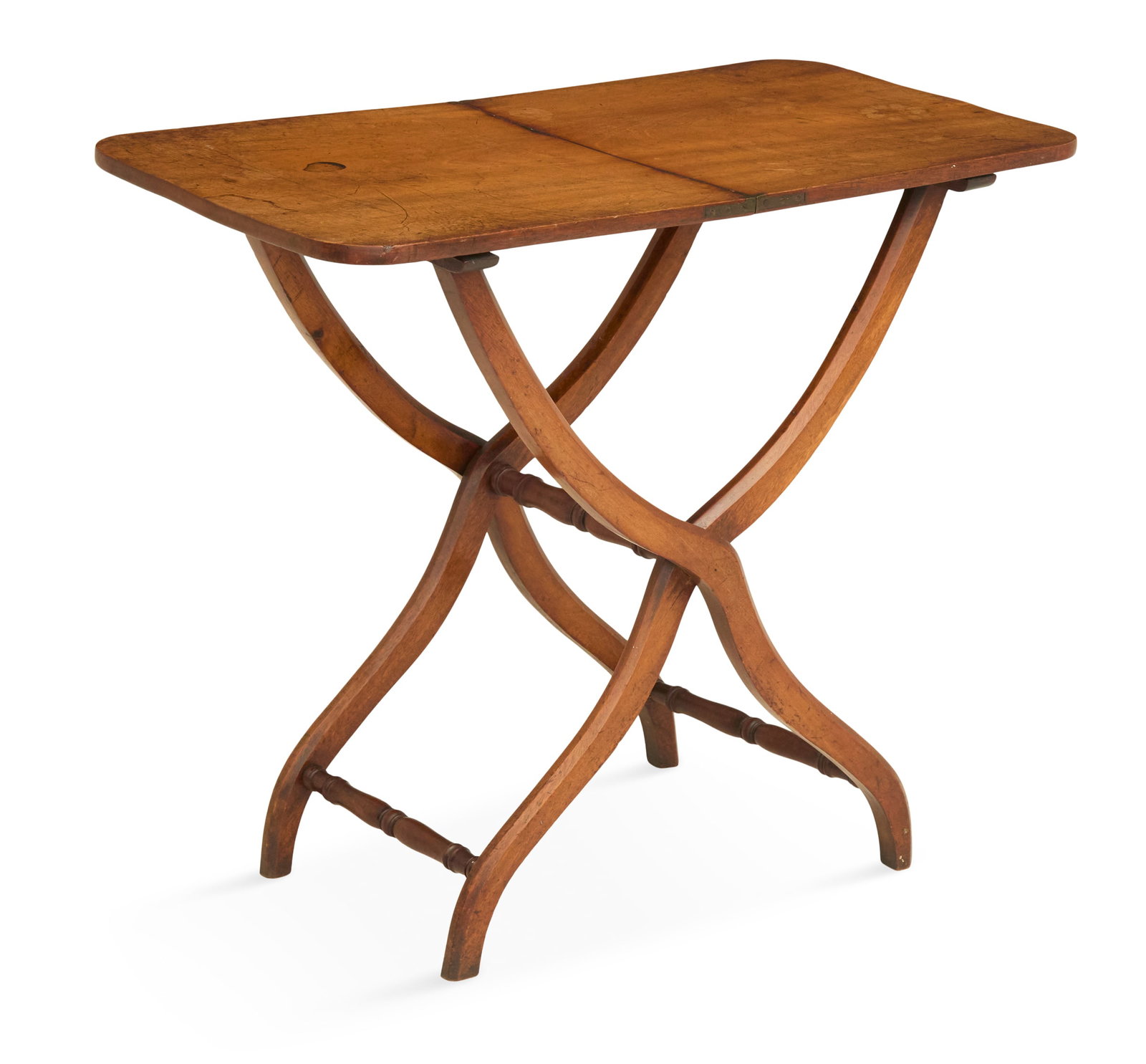 Unusual Regency Mahogany Folding Work Table: Unusual Regency Mahogany Folding Work Table 19th century, the rectangular top with rounded corners, hinged in the center allowing the legs and top to fold up, raised on curved X-form legs. h. 29", w. 