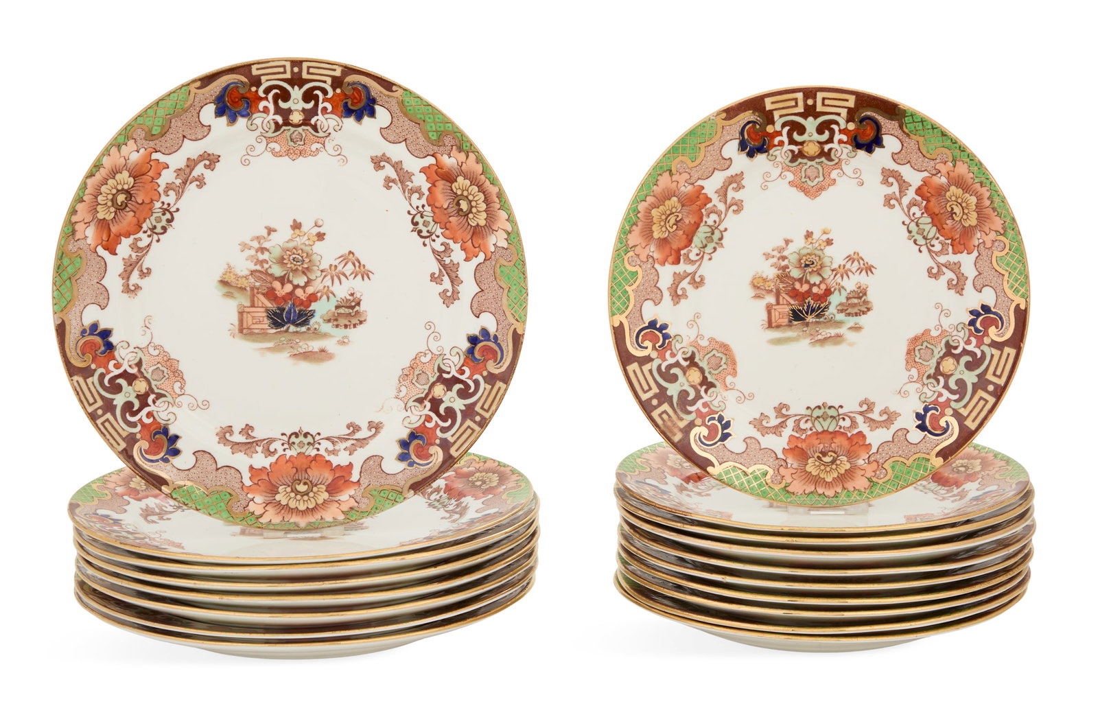 Samuel Radford "Green Lattice" Plates: Samuel Radford "Green Lattice" Plates early 20th century, the bone china plates transfer-printed in brown and clobbered with color, the set including eight luncheon plates, dia. 9" and ten salad/desse